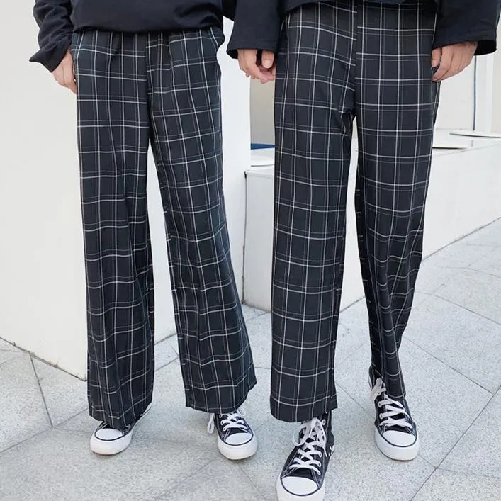 Letter Embroidery Sweatshirt   High Waist Plaid Pants