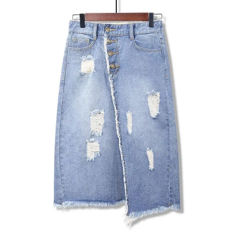 Light Blue Button Ripped Midi Denim Skirts