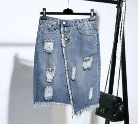 Light Blue Button Ripped Midi Denim Skirts