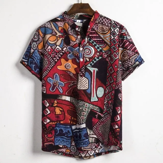 Linen Short Sleeve Shirt Men Summer Floral Loose Baggy Casual Hawaii Holiday Beach Shirt Tee Tops Buttons Blouse National Style