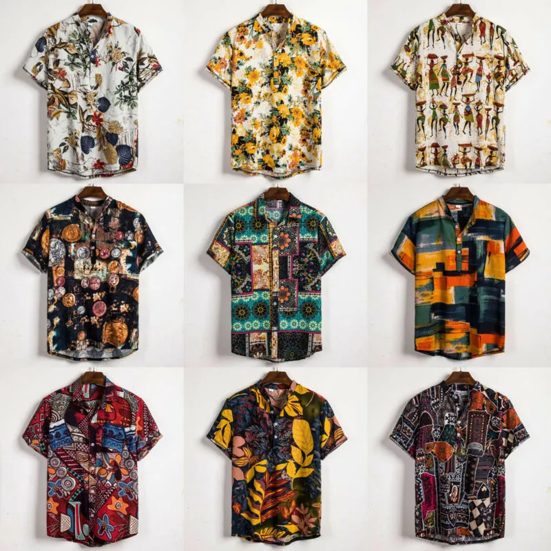 Linen Short Sleeve Shirt Men Summer Floral Loose Baggy Casual Hawaii Holiday Beach Shirt Tee Tops Buttons Blouse National Style