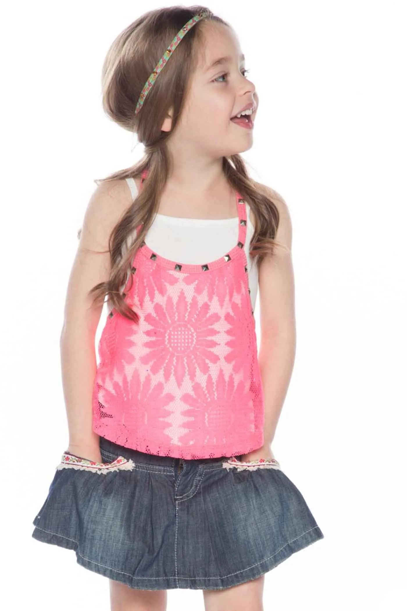 Little Girls Boho Trim Pleated Denim Skirt