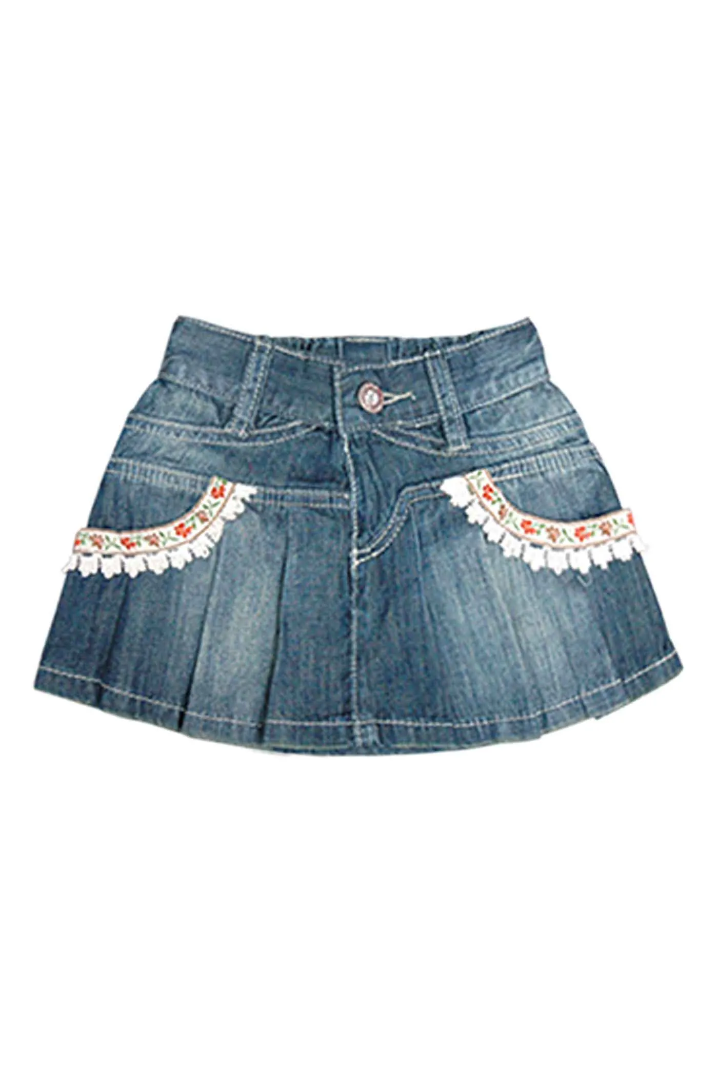 Little Girls Boho Trim Pleated Denim Skirt