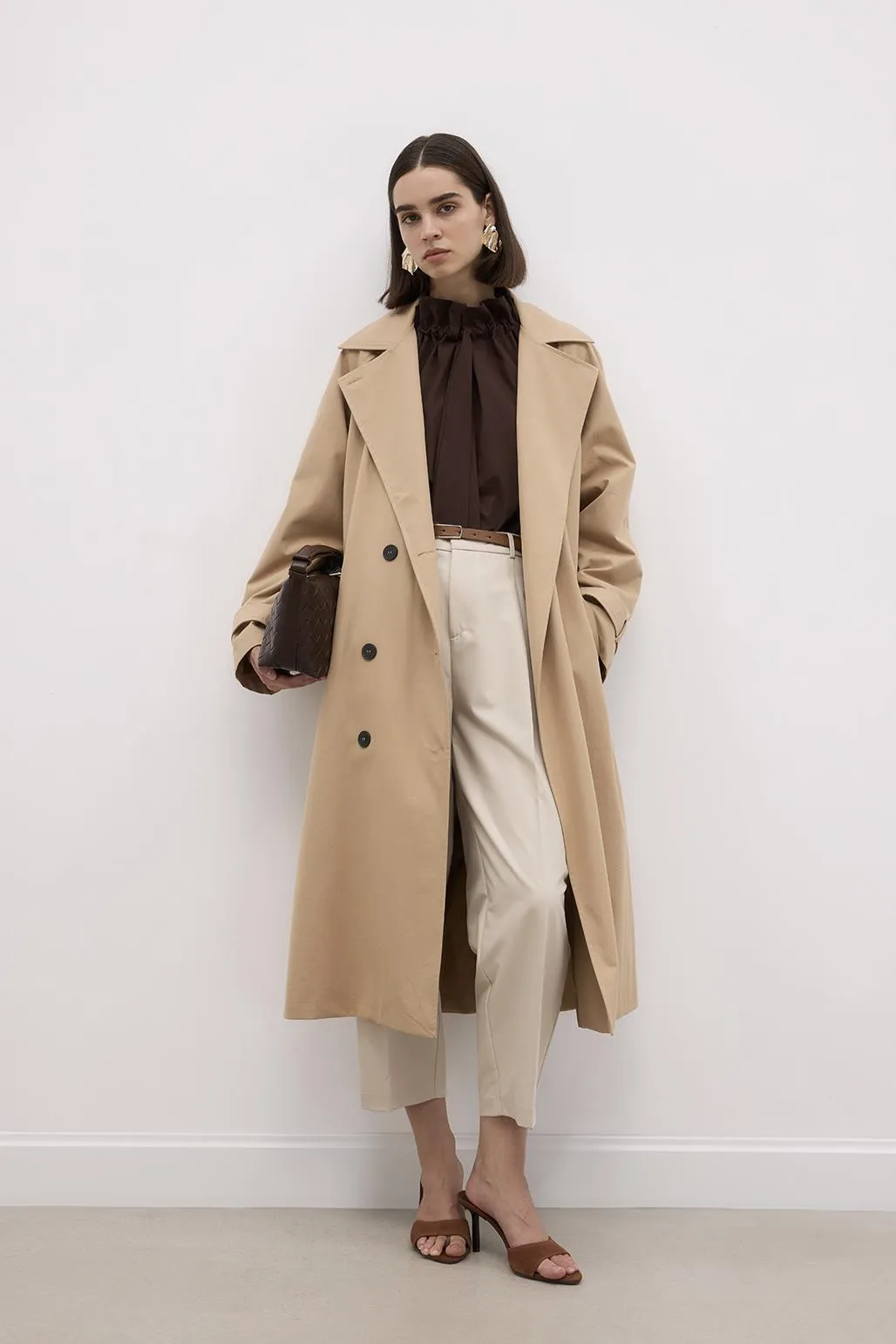 Long Trench Coat with Premium Collar Camel