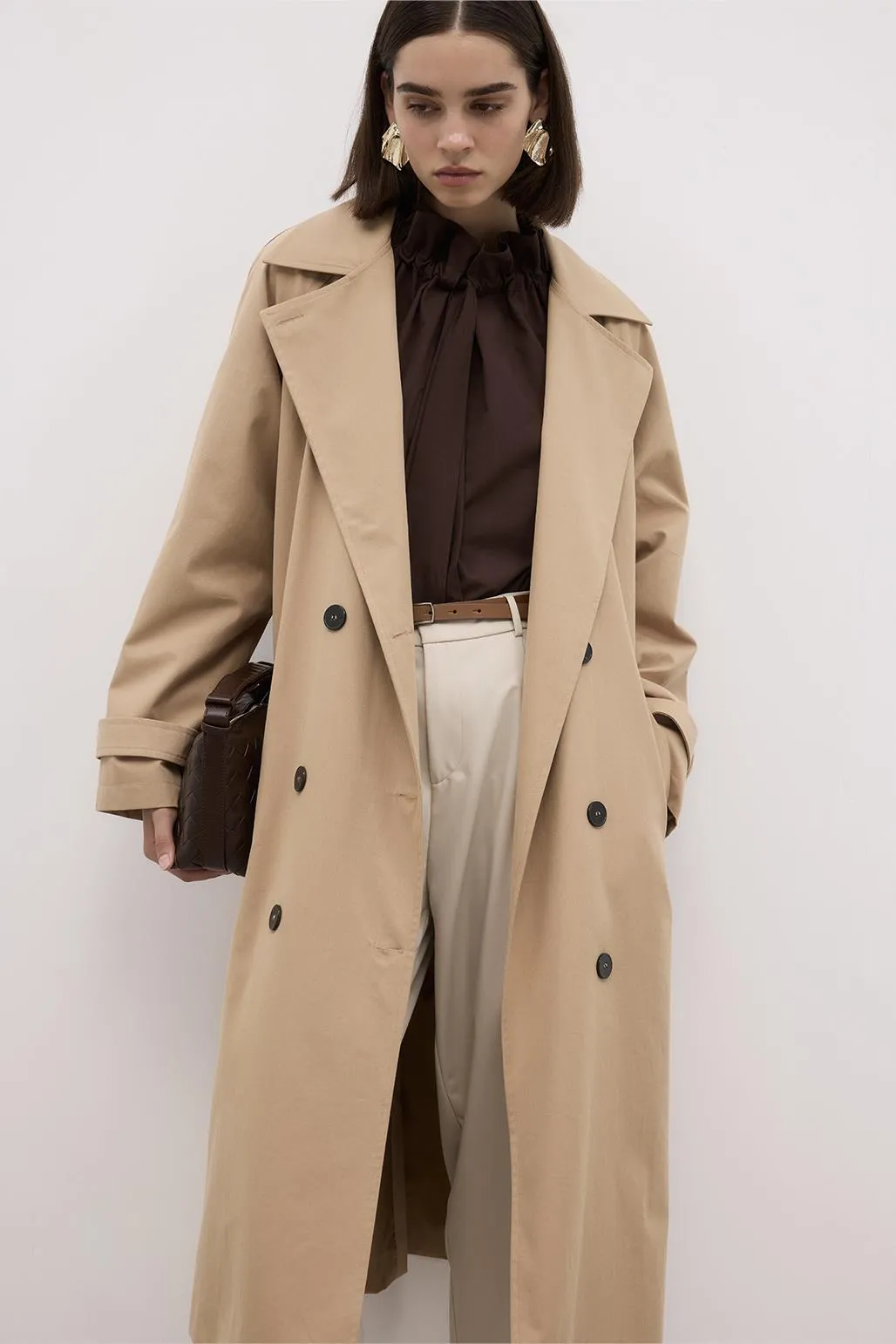 Long Trench Coat with Premium Collar Camel