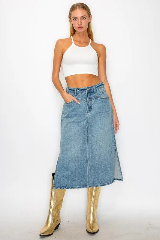 Mahi Demi Denim Midi Side Slit Skirt