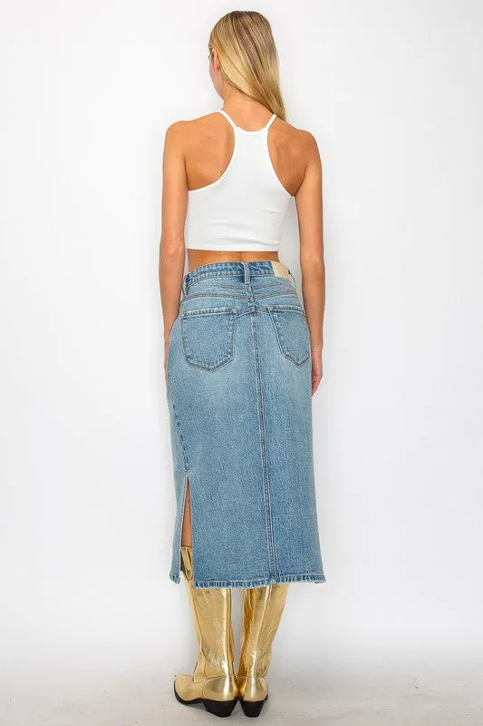 Mahi Demi Denim Midi Side Slit Skirt