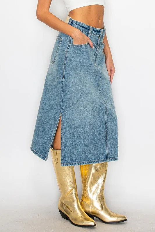 Mahi Demi Denim Midi Side Slit Skirt