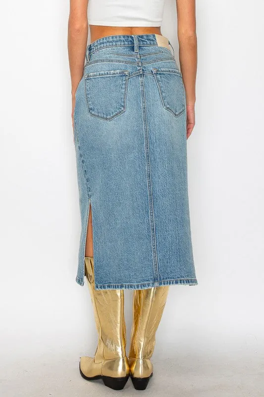 Mahi Demi Denim Midi Side Slit Skirt