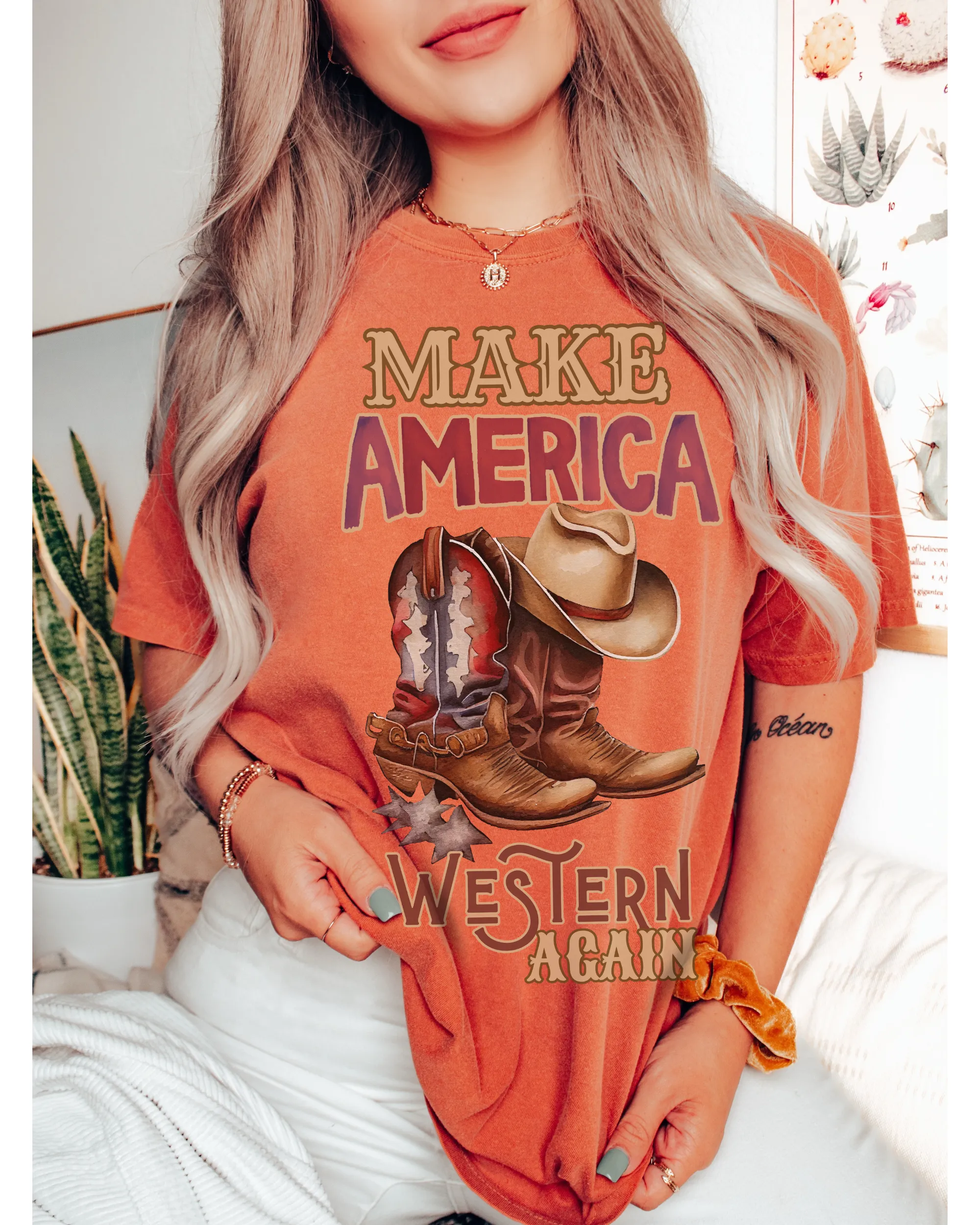 Make America Western Again Comfort Colors® T-Shirt, T-Shirt Dress, Watercolor Cowboy Boots and Hat T-Shirt