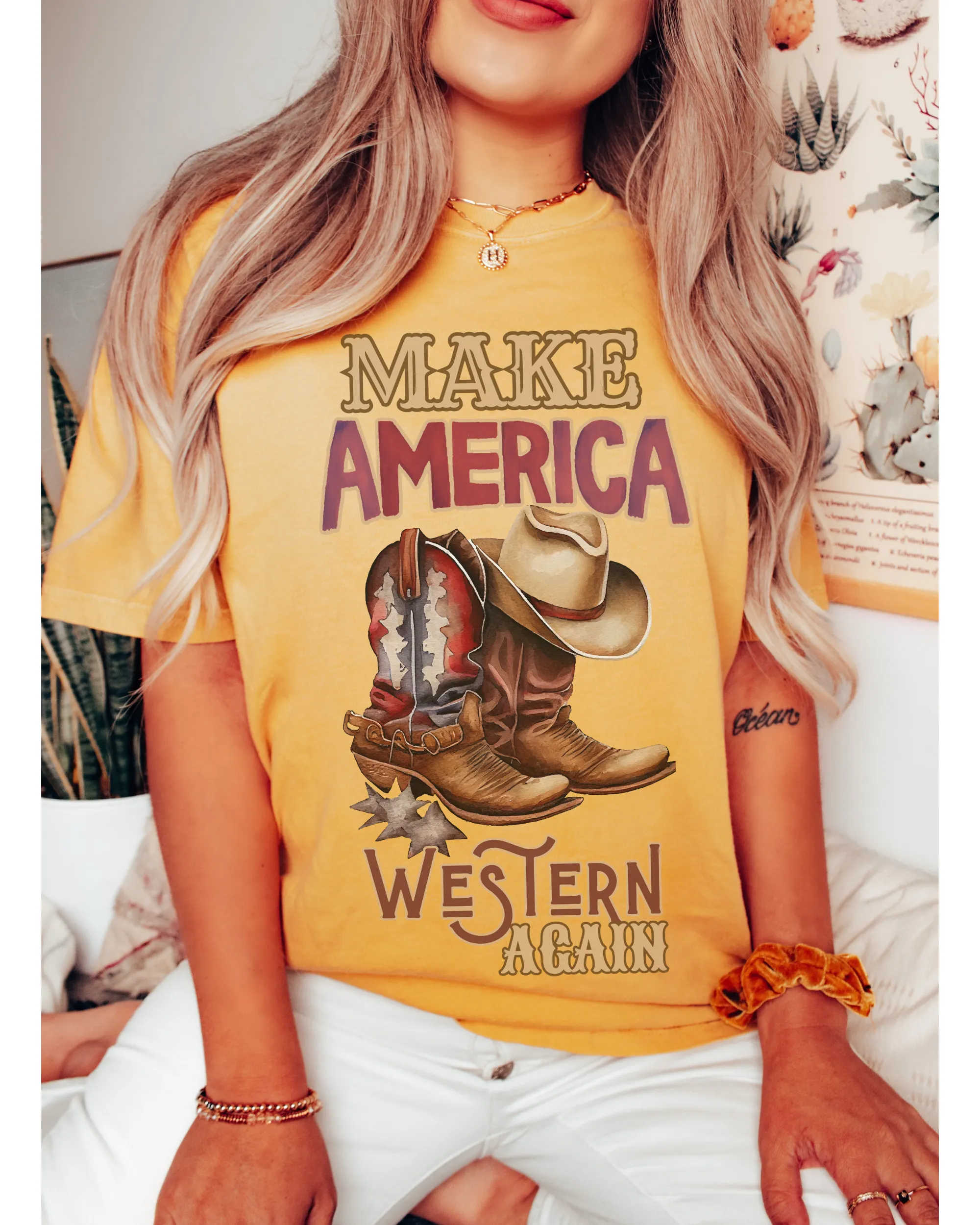 Make America Western Again Comfort Colors® T-Shirt, T-Shirt Dress, Watercolor Cowboy Boots and Hat T-Shirt