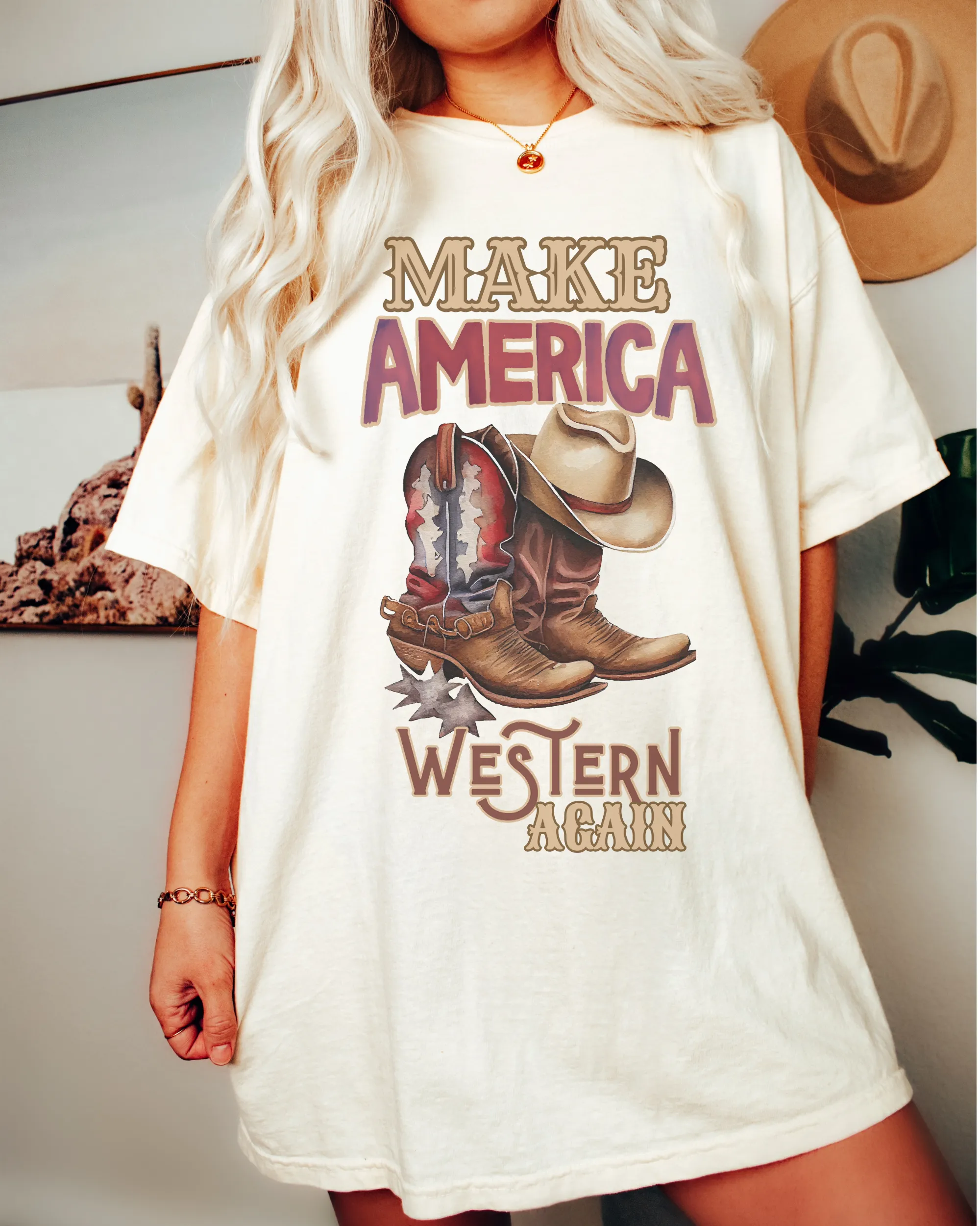 Make America Western Again Comfort Colors® T-Shirt, T-Shirt Dress, Watercolor Cowboy Boots and Hat T-Shirt