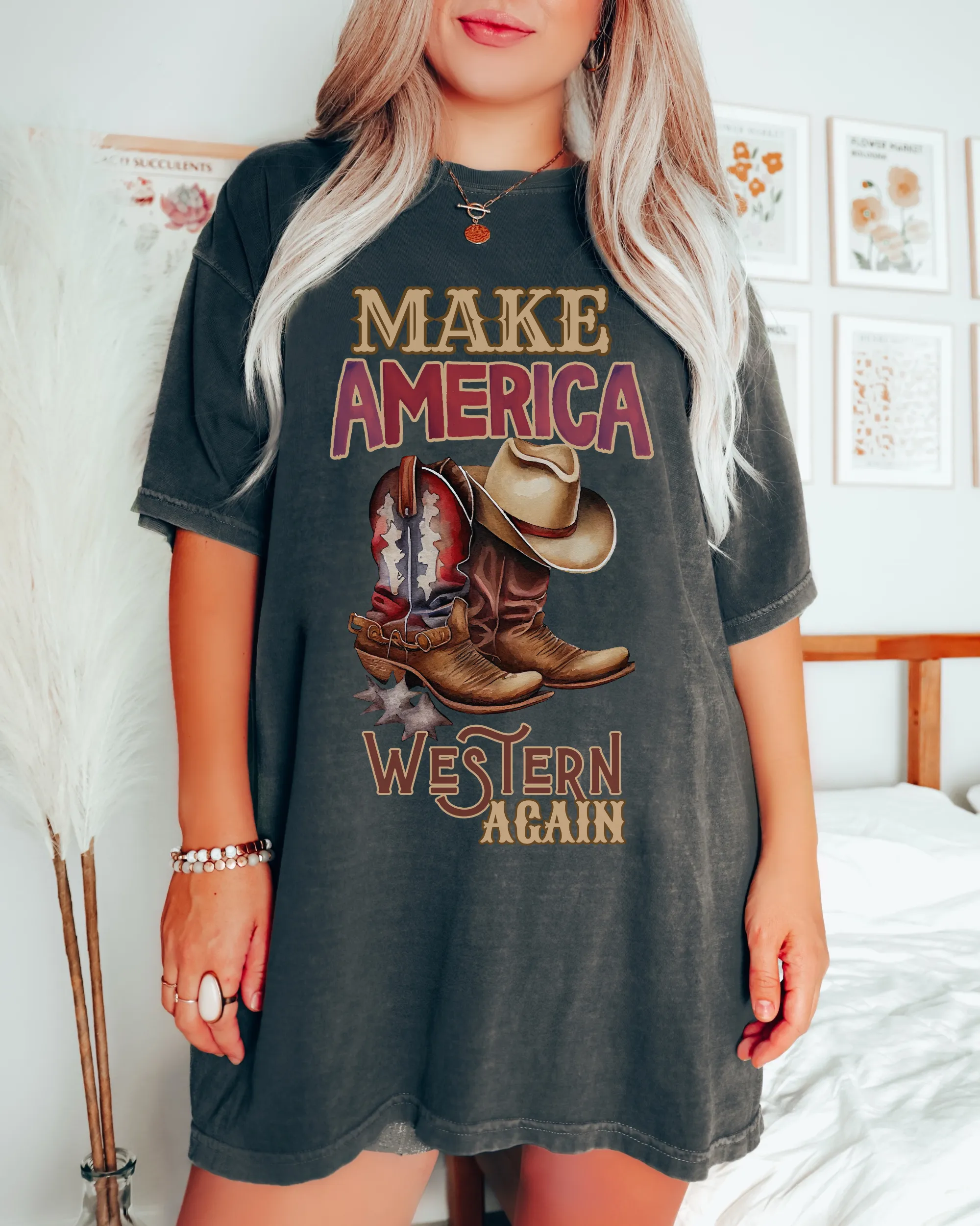 Make America Western Again Comfort Colors® T-Shirt, T-Shirt Dress, Watercolor Cowboy Boots and Hat T-Shirt