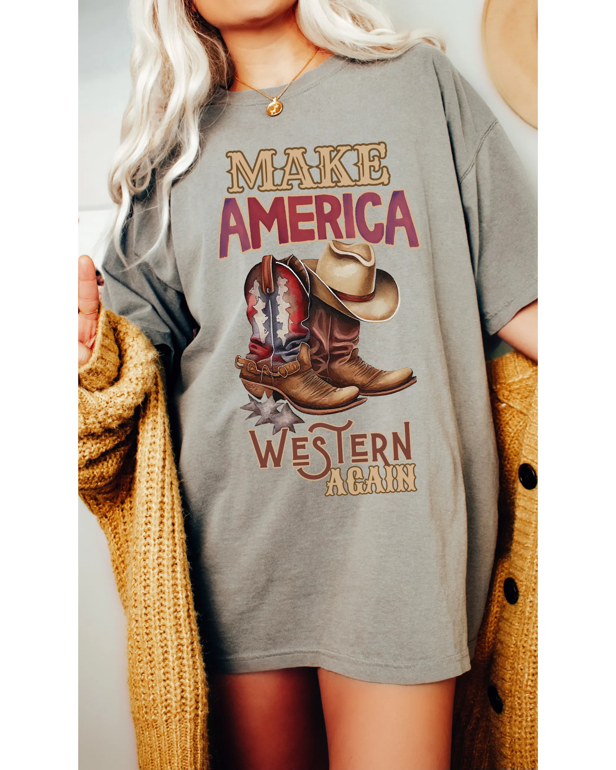 Make America Western Again Comfort Colors® T-Shirt, T-Shirt Dress, Watercolor Cowboy Boots and Hat T-Shirt