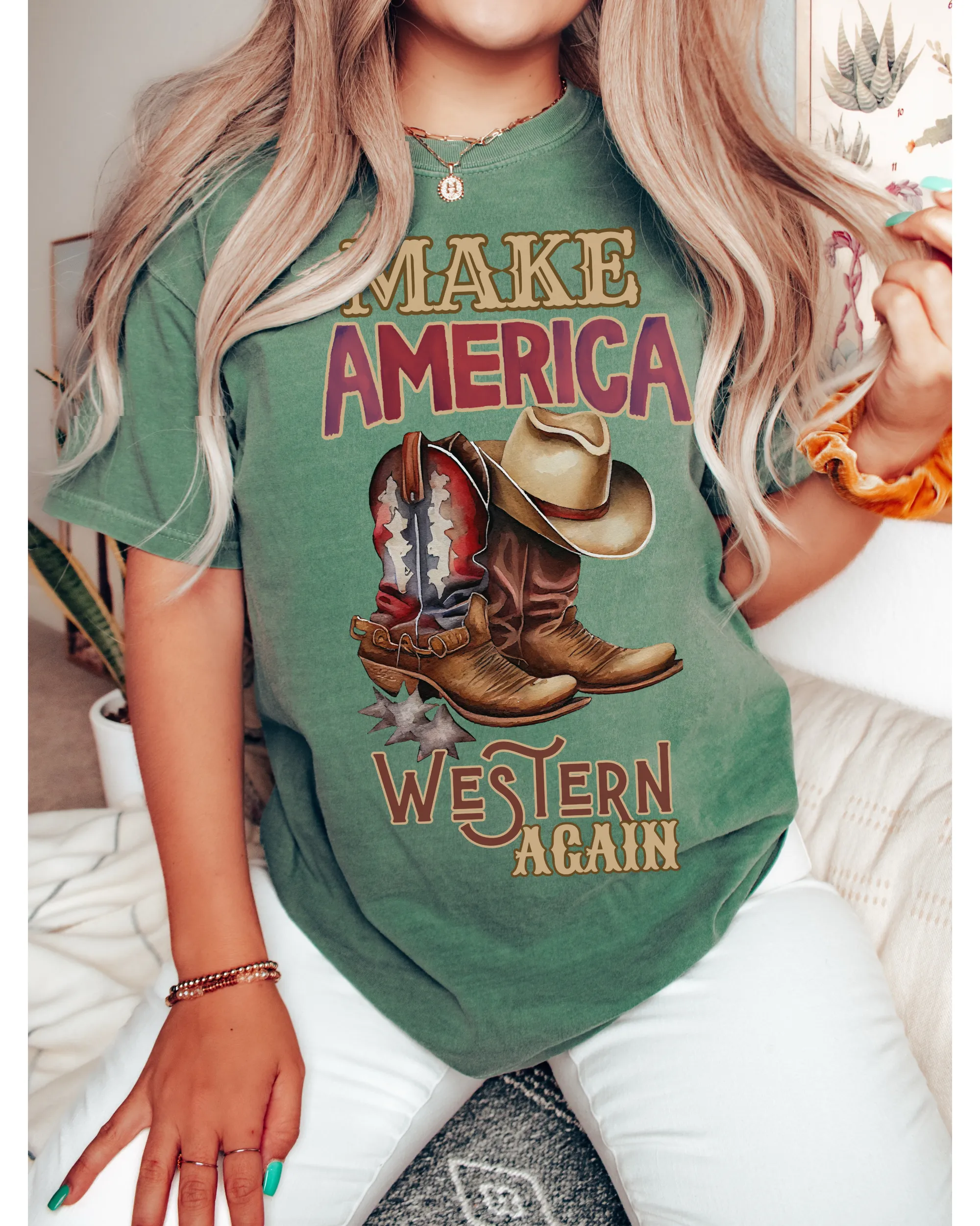 Make America Western Again Comfort Colors® T-Shirt, T-Shirt Dress, Watercolor Cowboy Boots and Hat T-Shirt