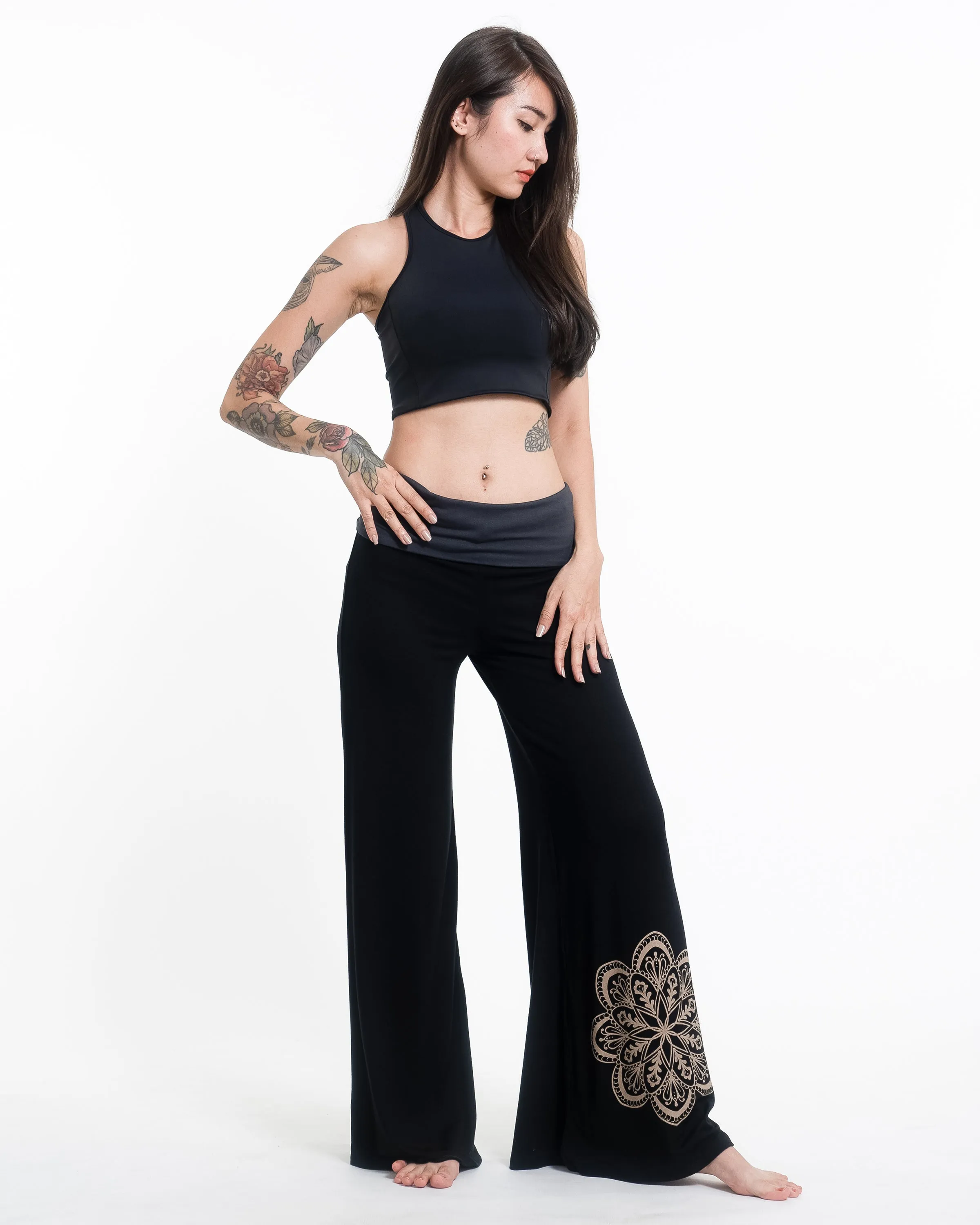 Mandala Spandex Wide Leg Palazzo Pants in Black