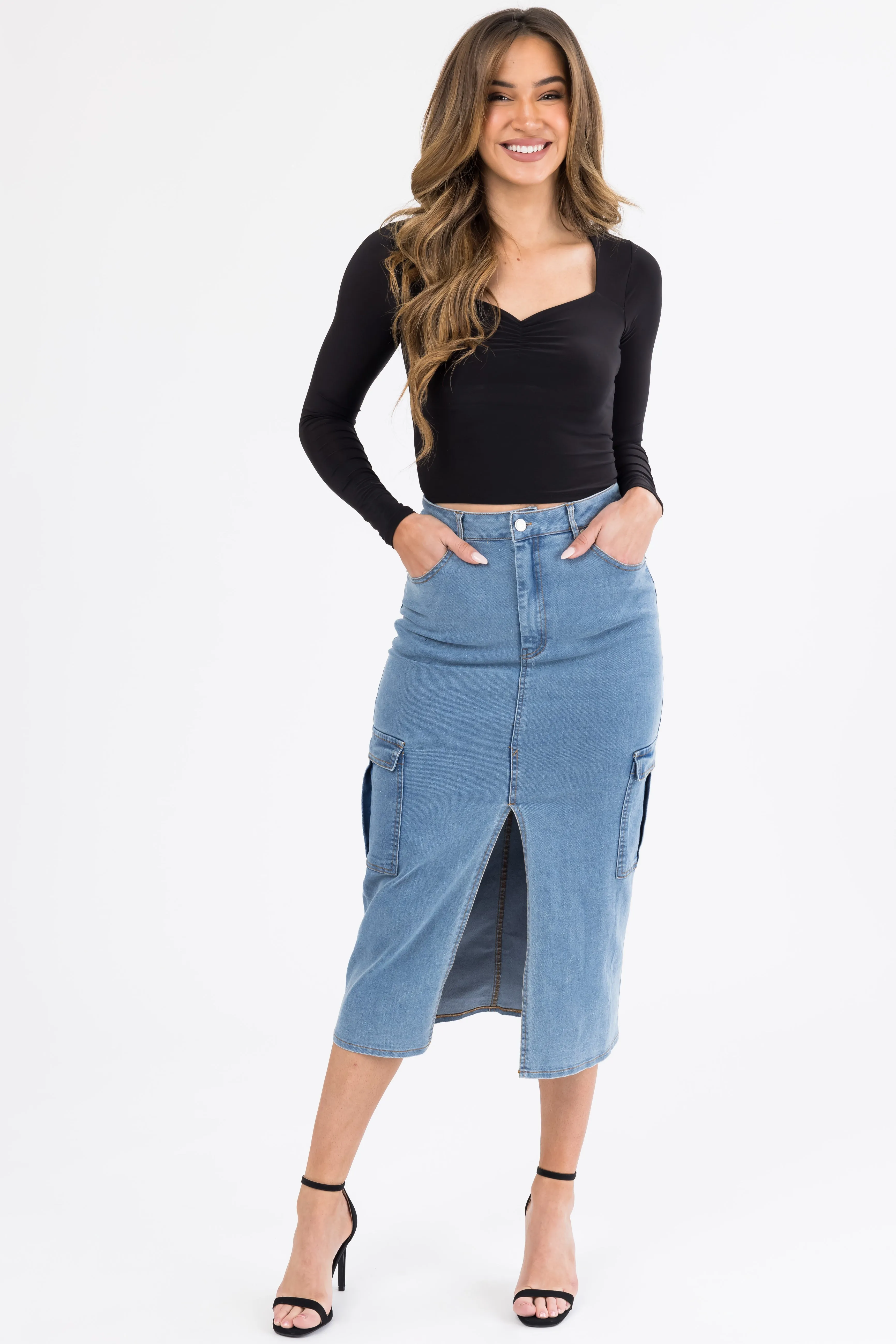 Medium Wash Denim Midi Skirt with Slit