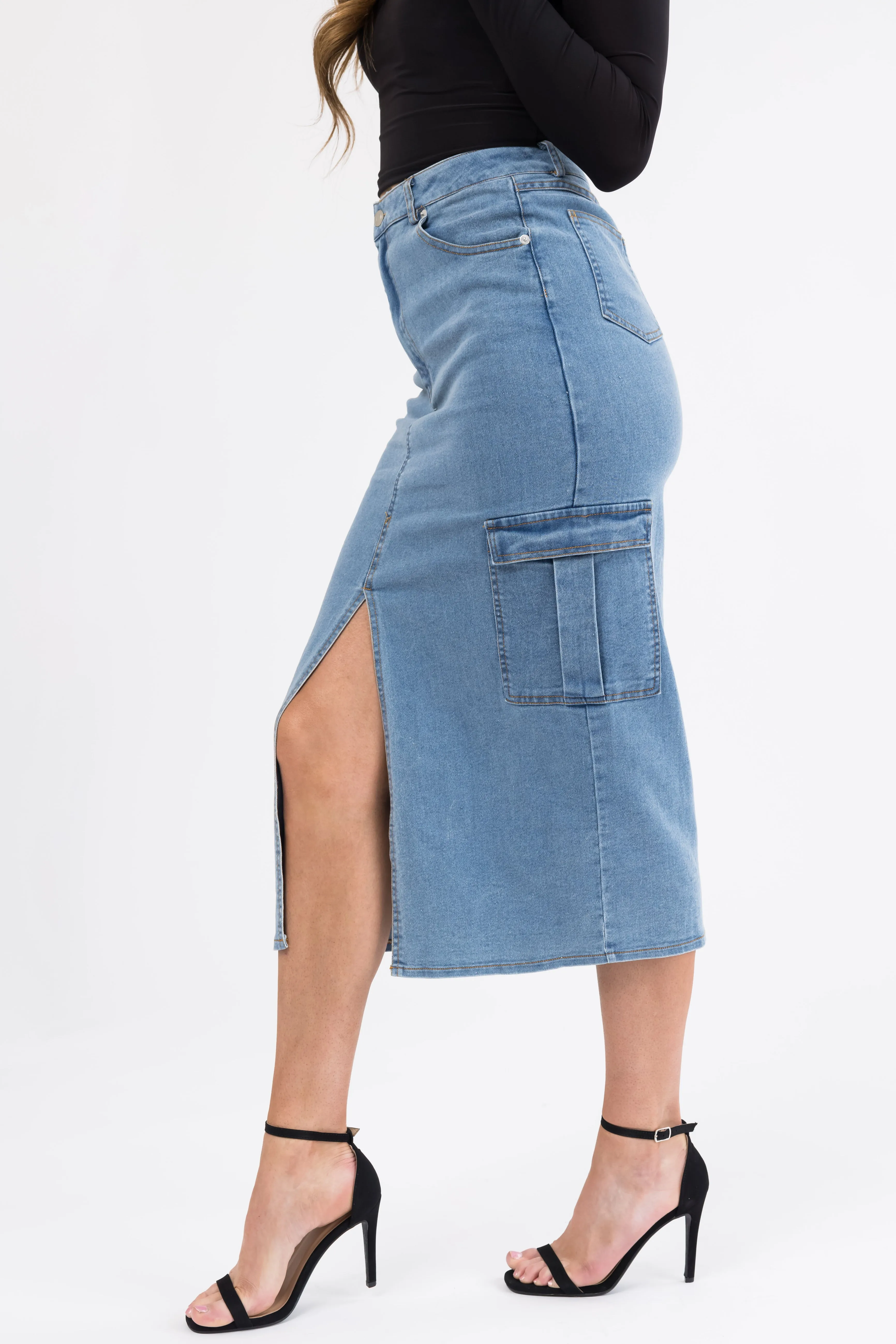 Medium Wash Denim Midi Skirt with Slit