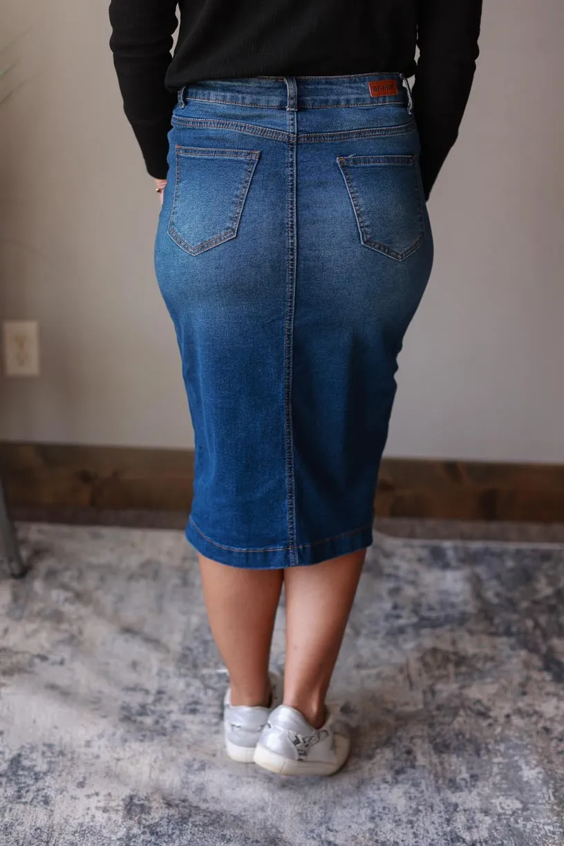 Medium Wash Solid Stretch Midi Denim Skirt