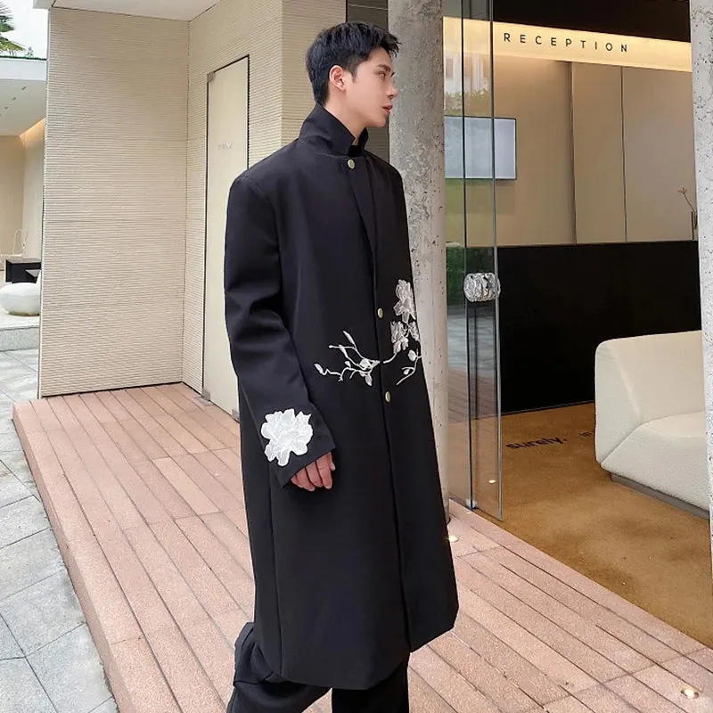 Men Overcoat Autumn Winter Chinese Embroidery Long Coat Trend Knee High Trench Casual Male Printing Windbreaker 9C1927