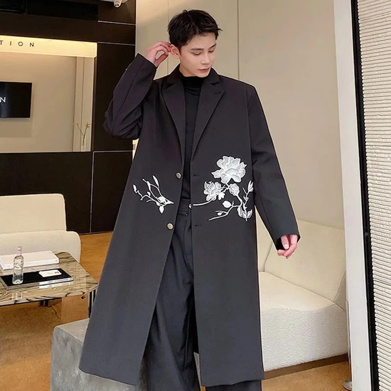 Men Overcoat Autumn Winter Chinese Embroidery Long Coat Trend Knee High Trench Casual Male Printing Windbreaker 9C1927