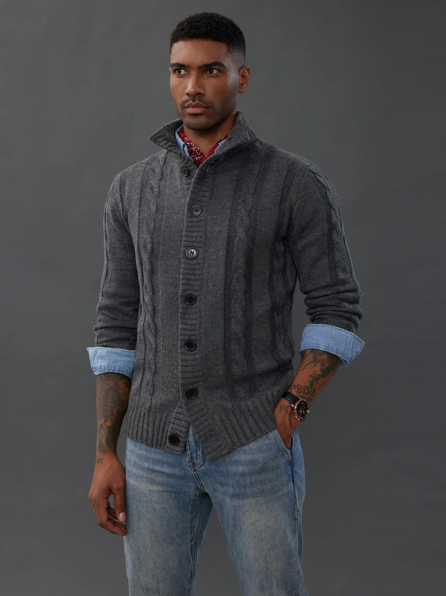 Men's Cardigan with Button Closure, Cable Knit Cardigan with Ribbed Stand-Up Collar for Autumn Winter