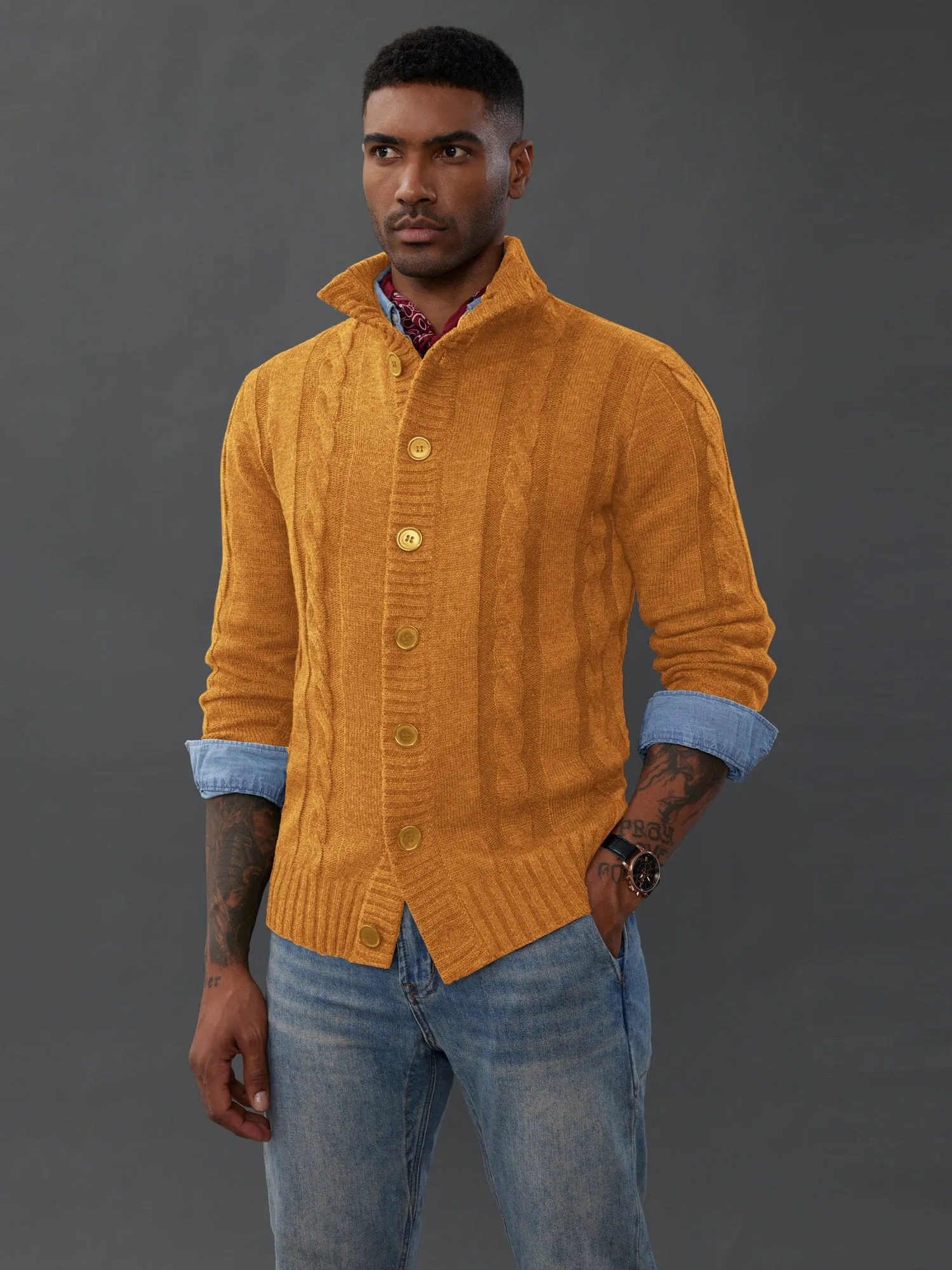 Men's Cardigan with Button Closure, Cable Knit Cardigan with Ribbed Stand-Up Collar for Autumn Winter