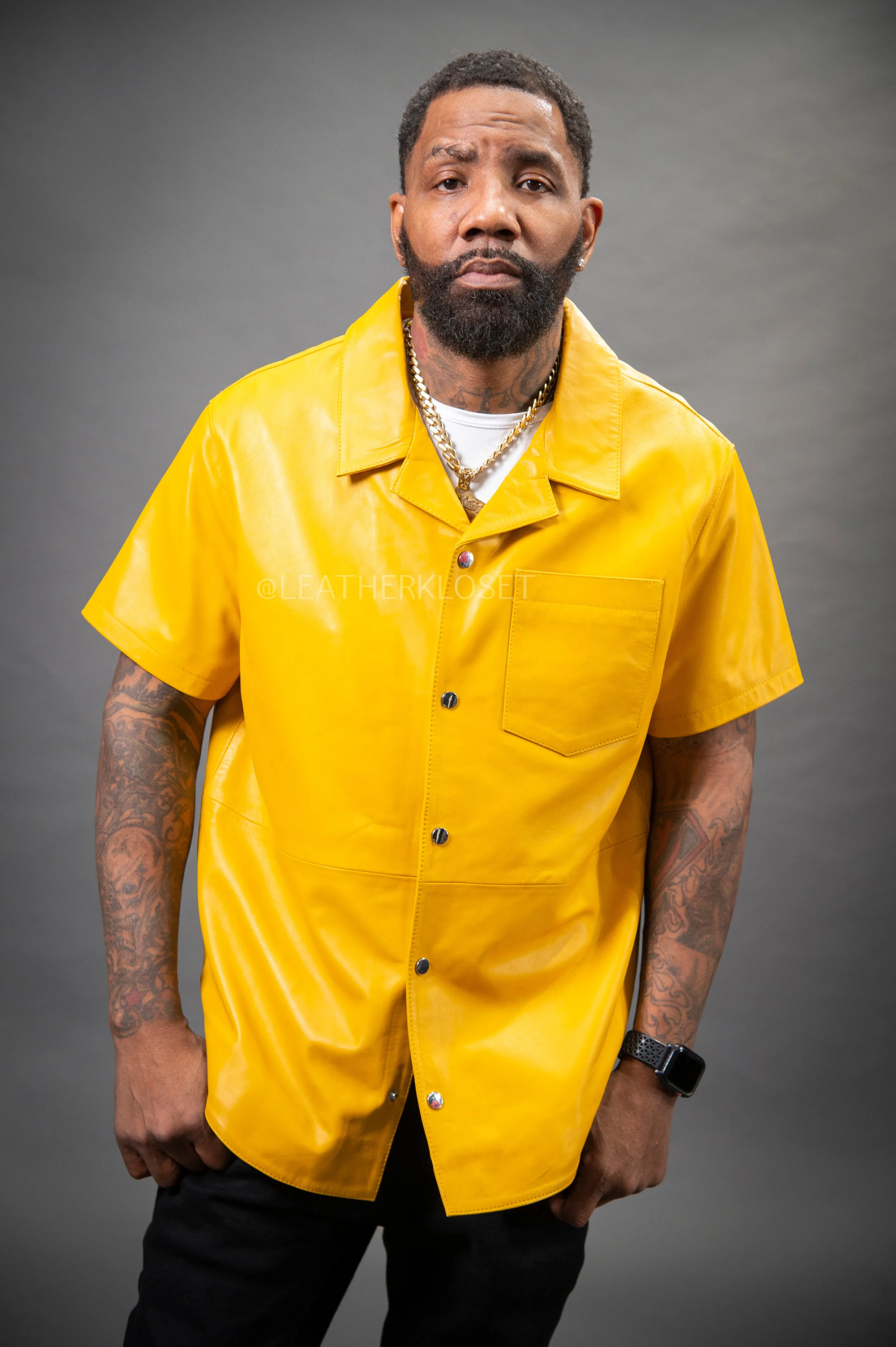 Men's Summer In Miami Luka Leather Short Sleeve Shirt [Yellow]