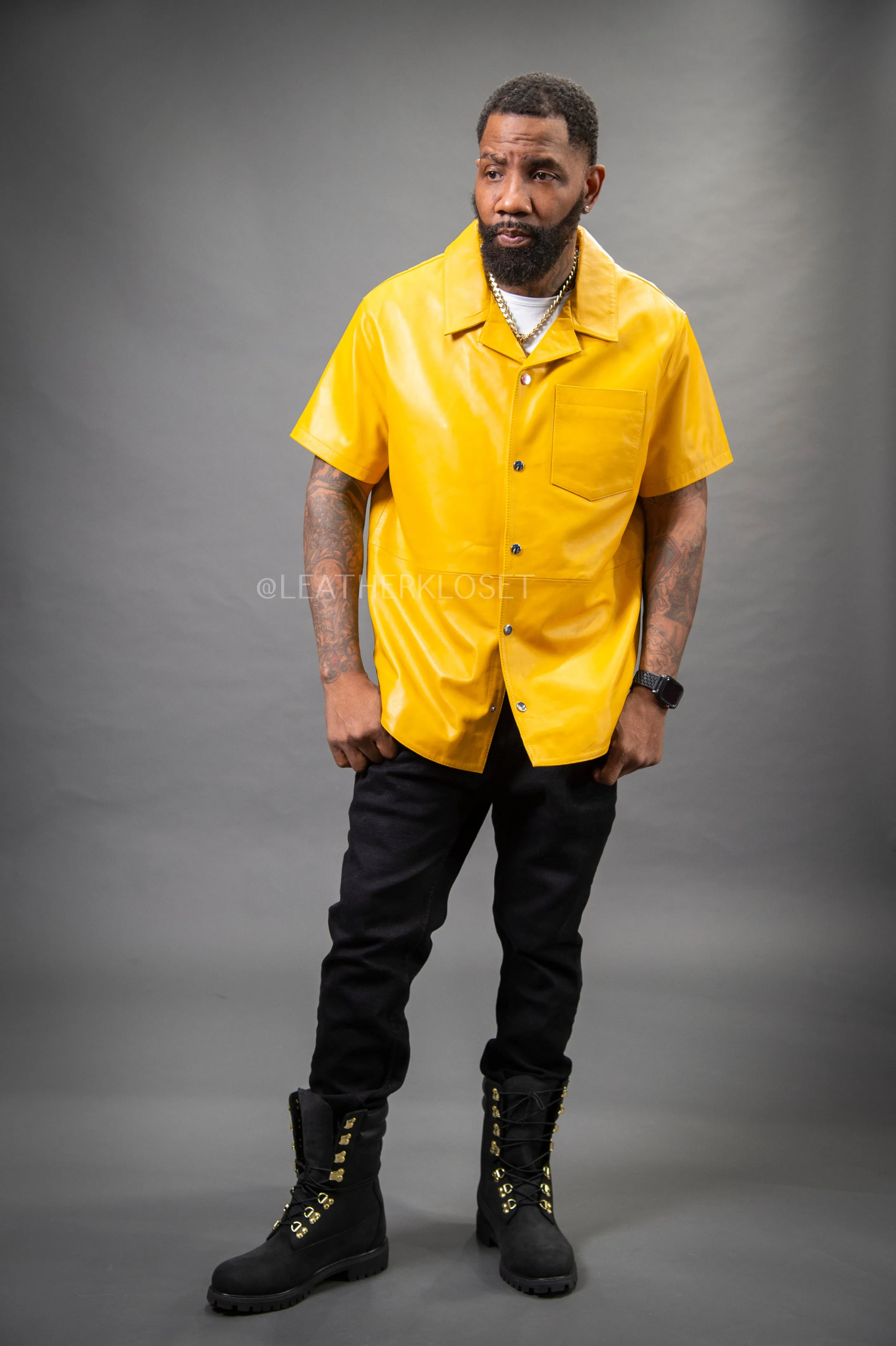 Men's Summer In Miami Luka Leather Short Sleeve Shirt [Yellow]