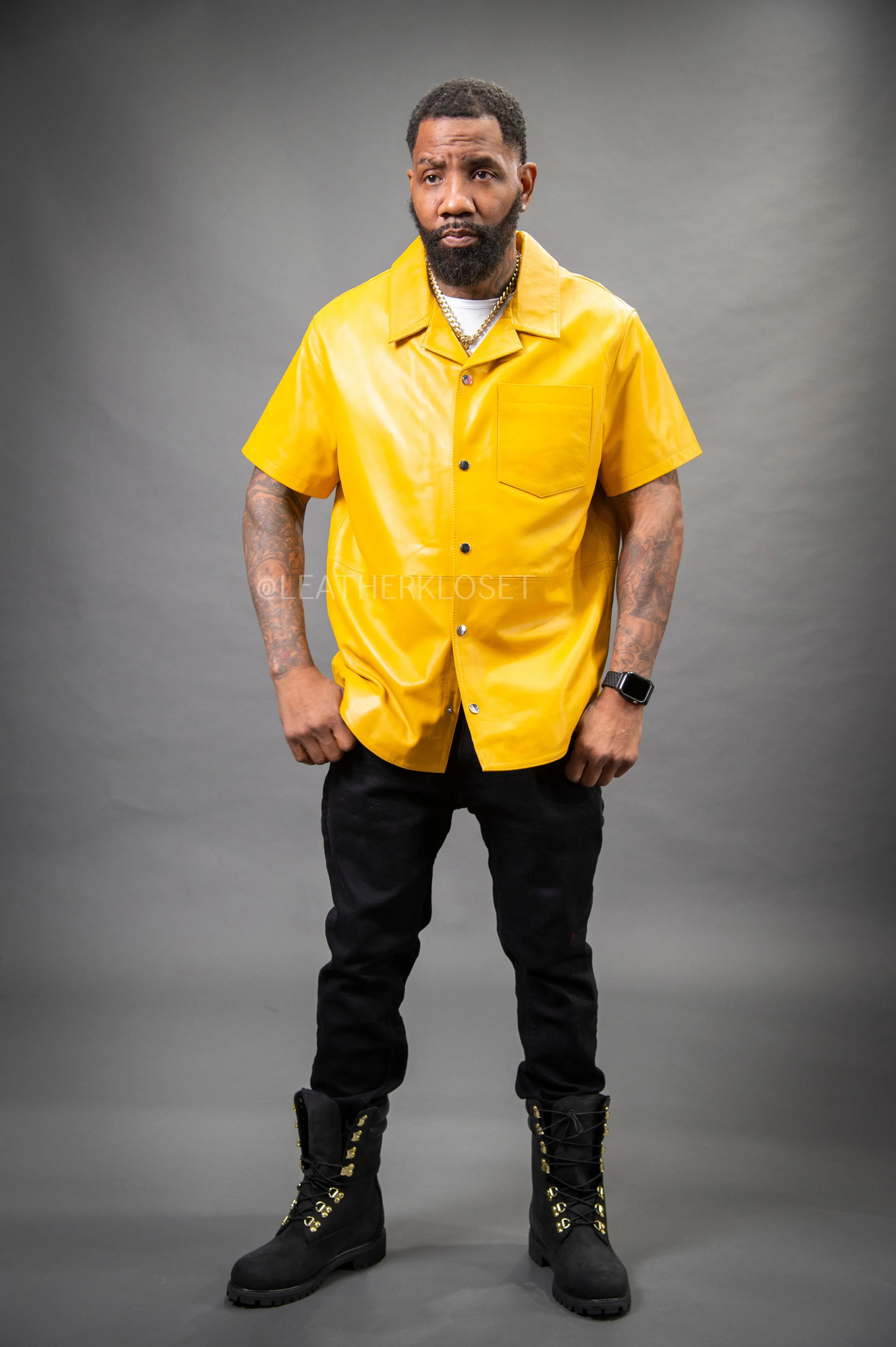 Men's Summer In Miami Luka Leather Short Sleeve Shirt [Yellow]