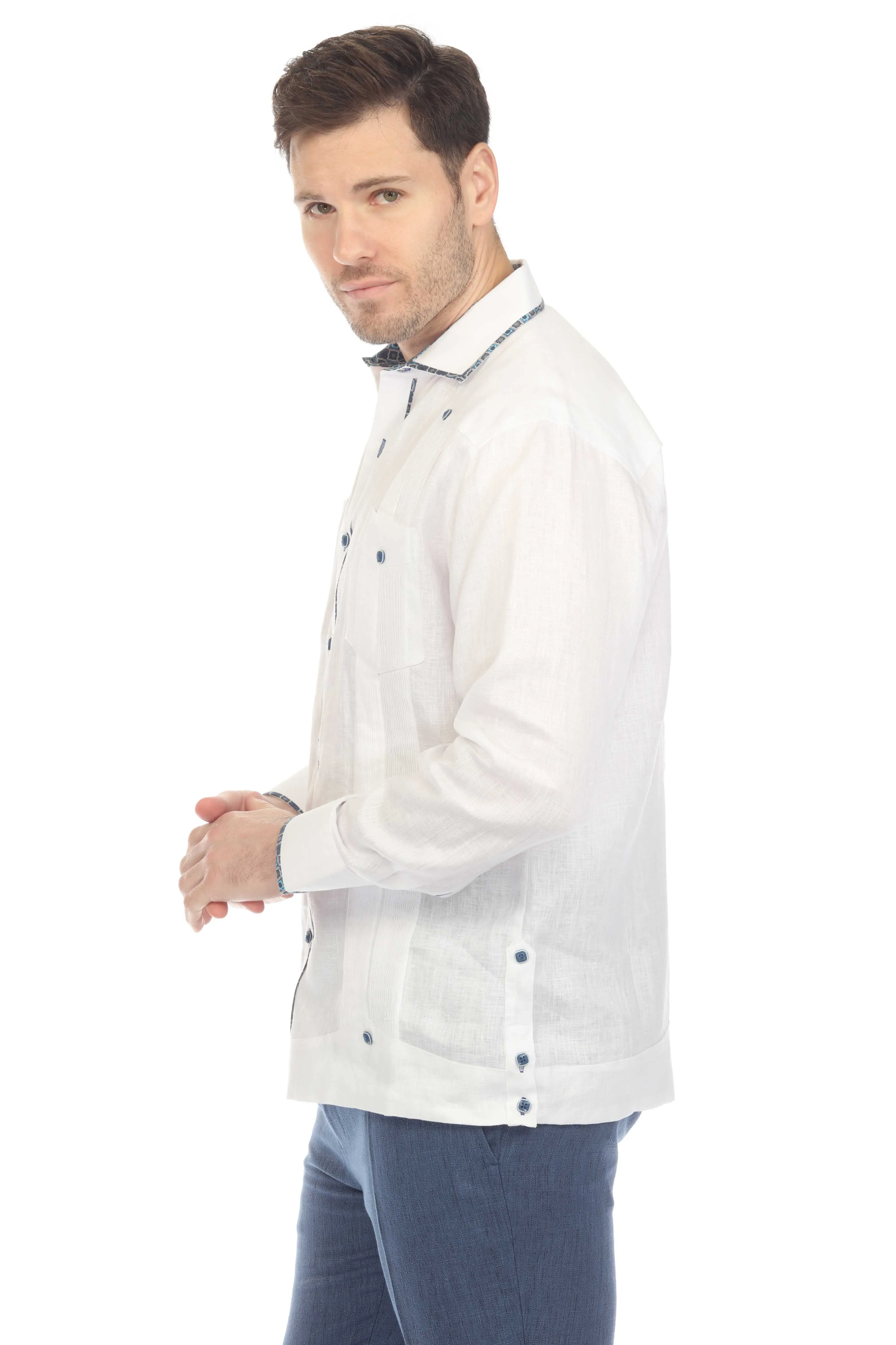 Mojito Men's 100% Linen Guayabera Chacabana Shirt Long Sleeve with Contrast Accent Trim