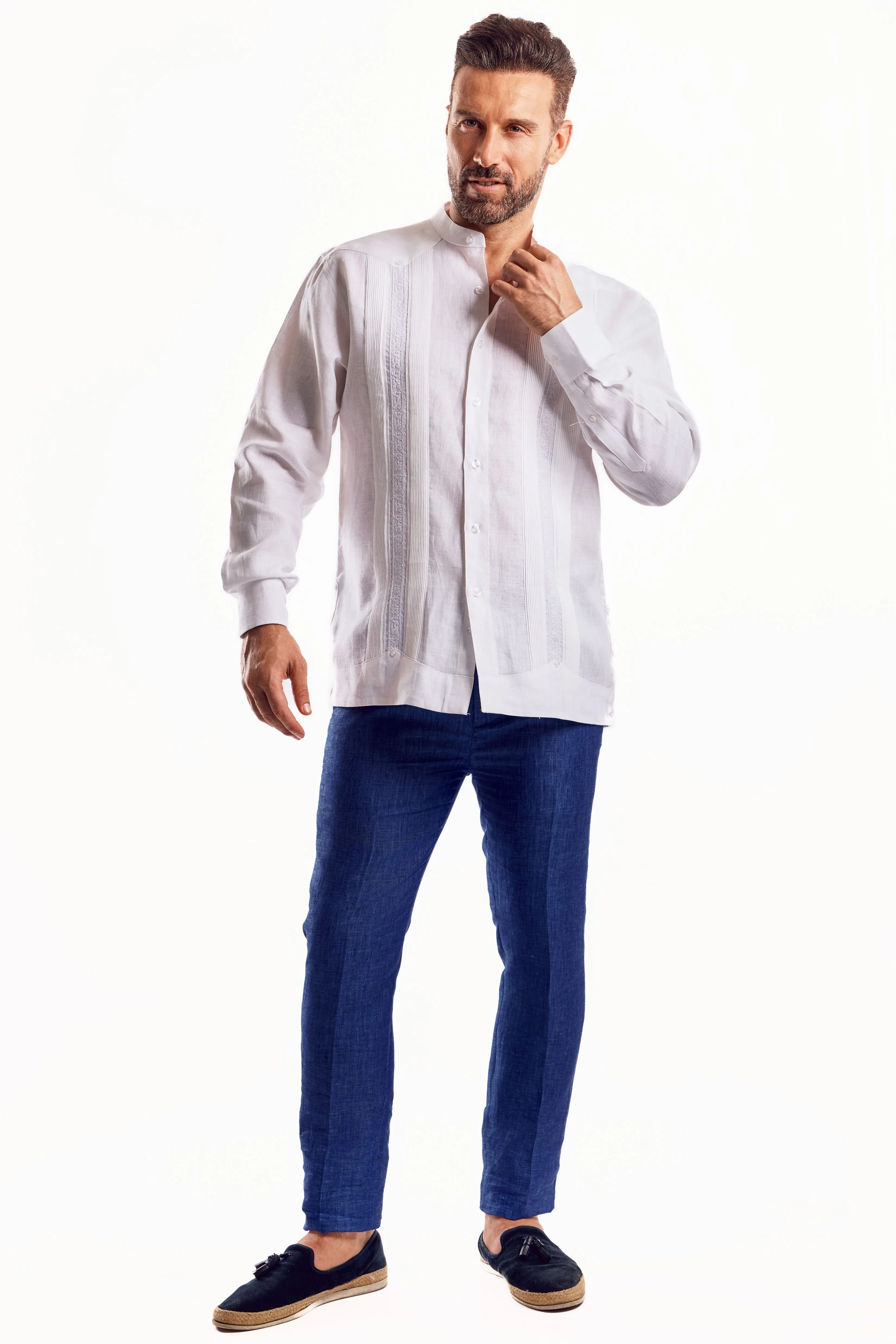 Mojito Men's 100% Linen Mandarin Collar Guayabera Chacabana Shirt Long Sleeve with Embroidery Trim Accent