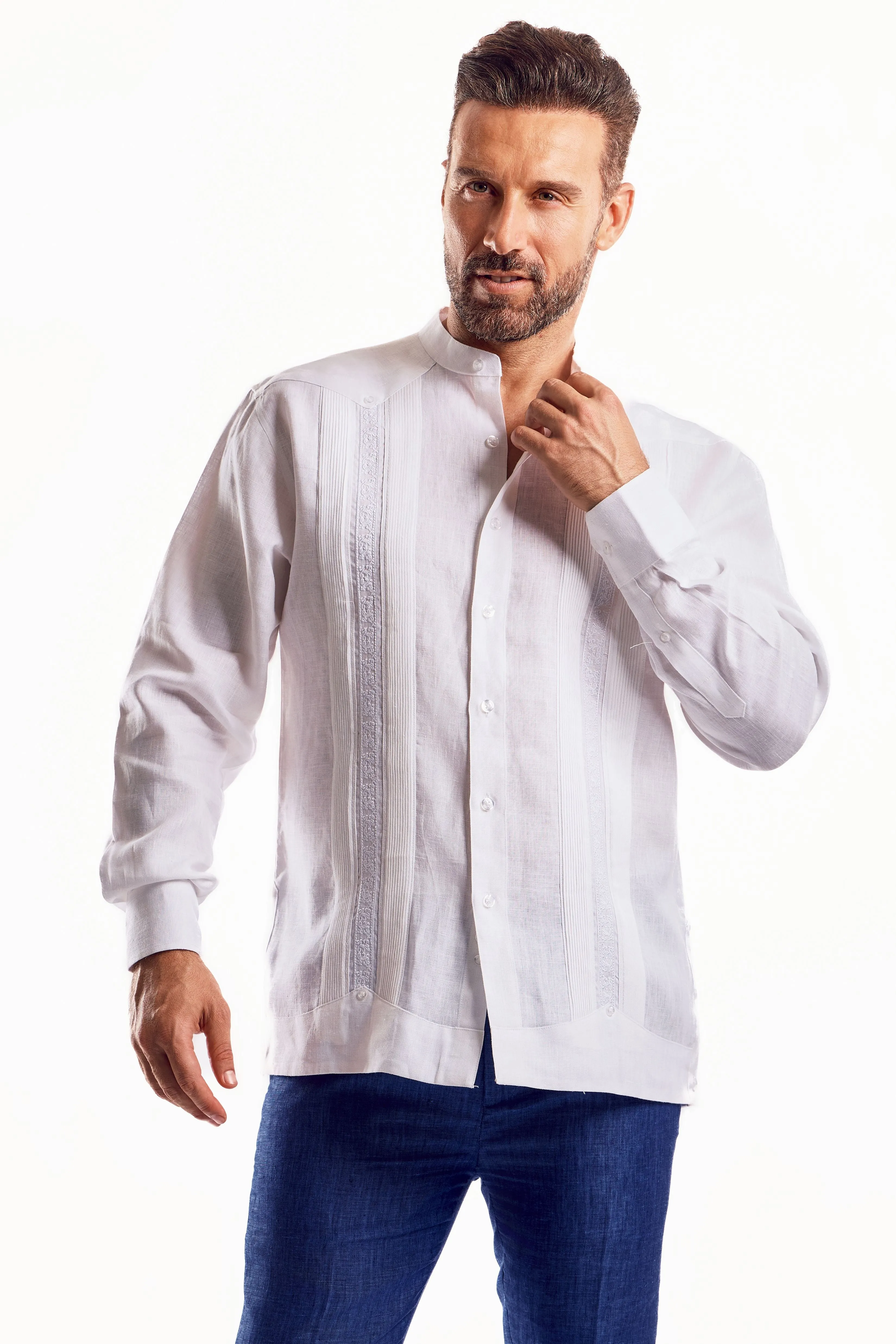 Mojito Men's 100% Linen Mandarin Collar Guayabera Chacabana Shirt Long Sleeve with Embroidery Trim Accent