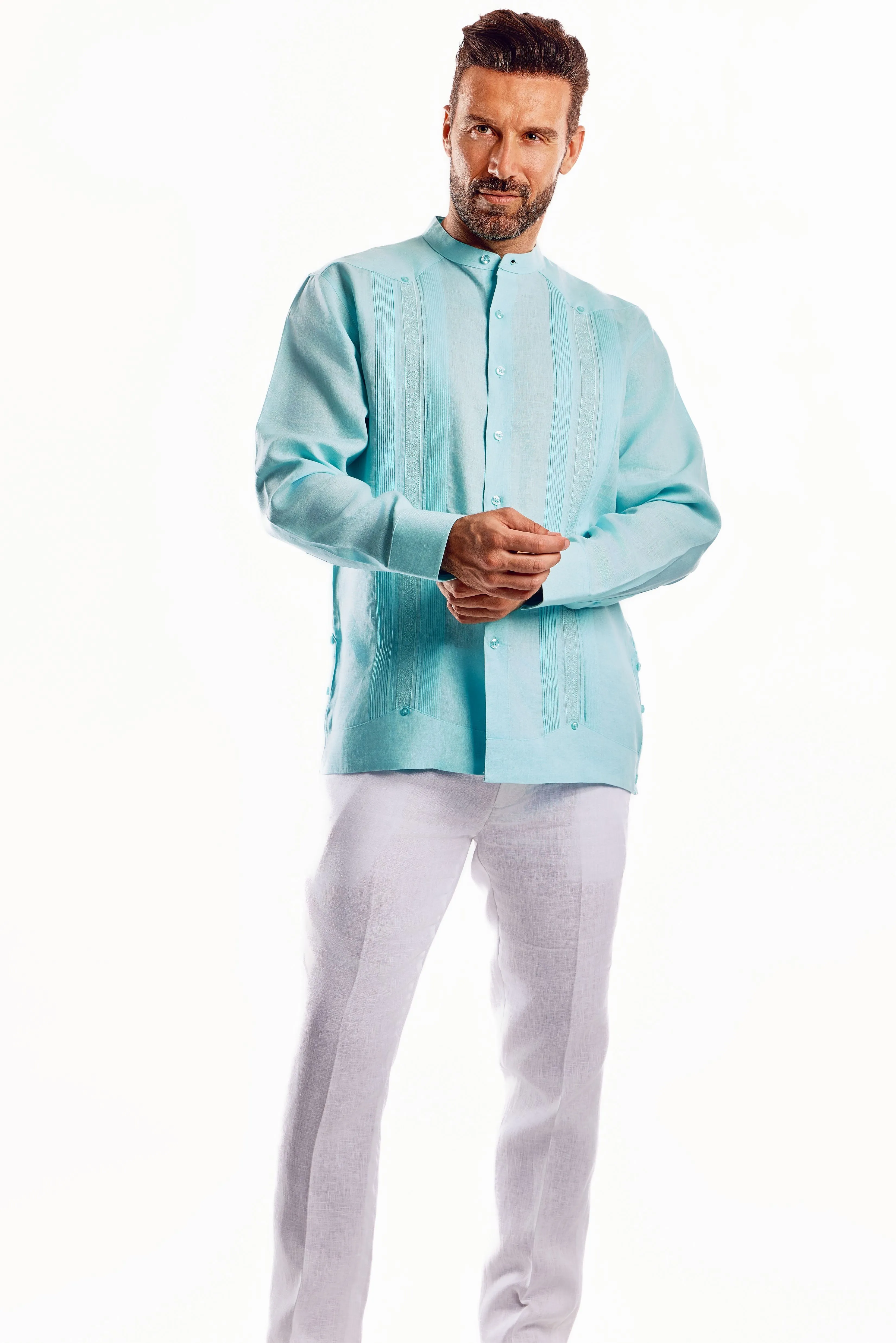 Mojito Men's 100% Linen Mandarin Collar Guayabera Chacabana Shirt Long Sleeve with Embroidery Trim Accent