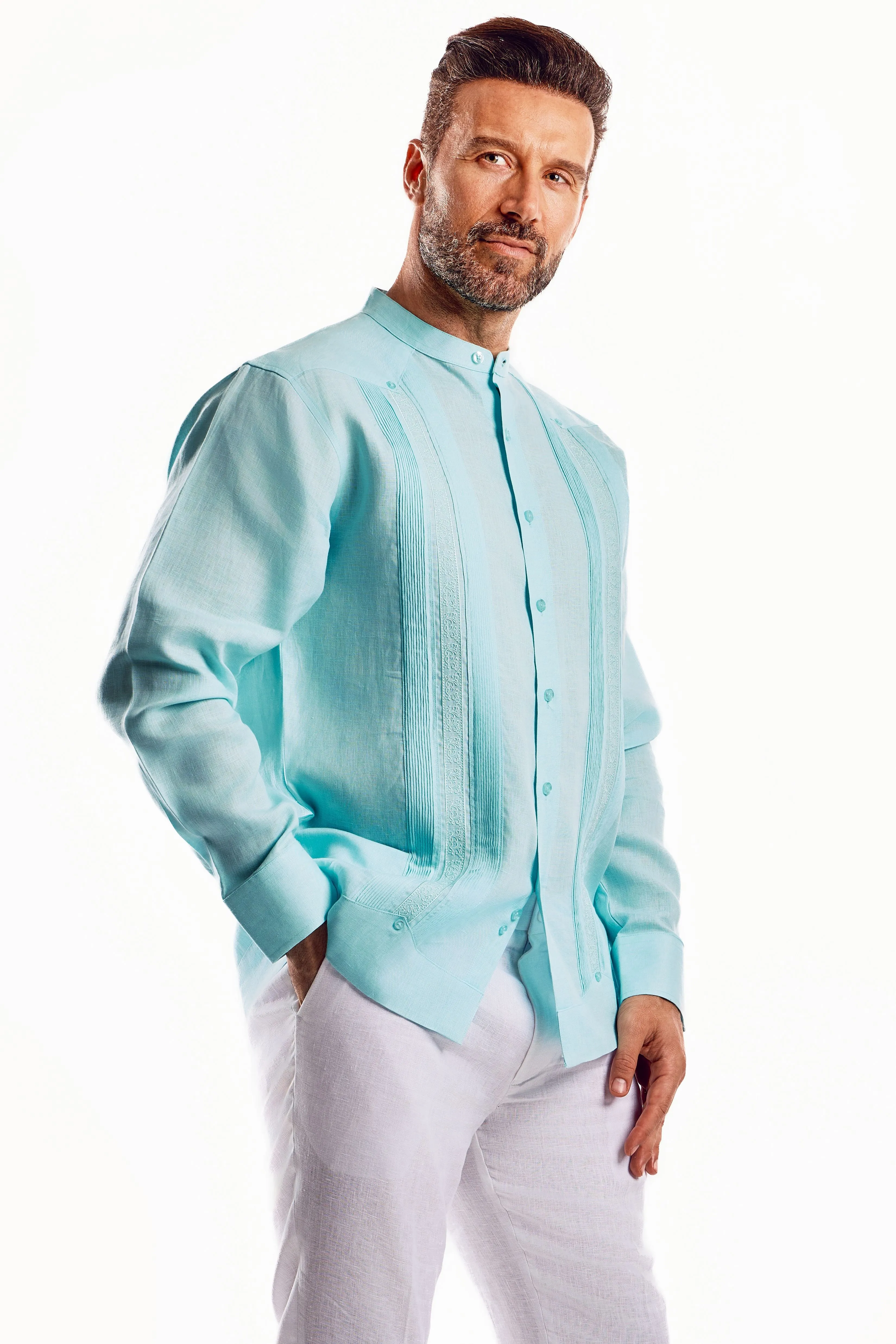 Mojito Men's 100% Linen Mandarin Collar Guayabera Chacabana Shirt Long Sleeve with Embroidery Trim Accent