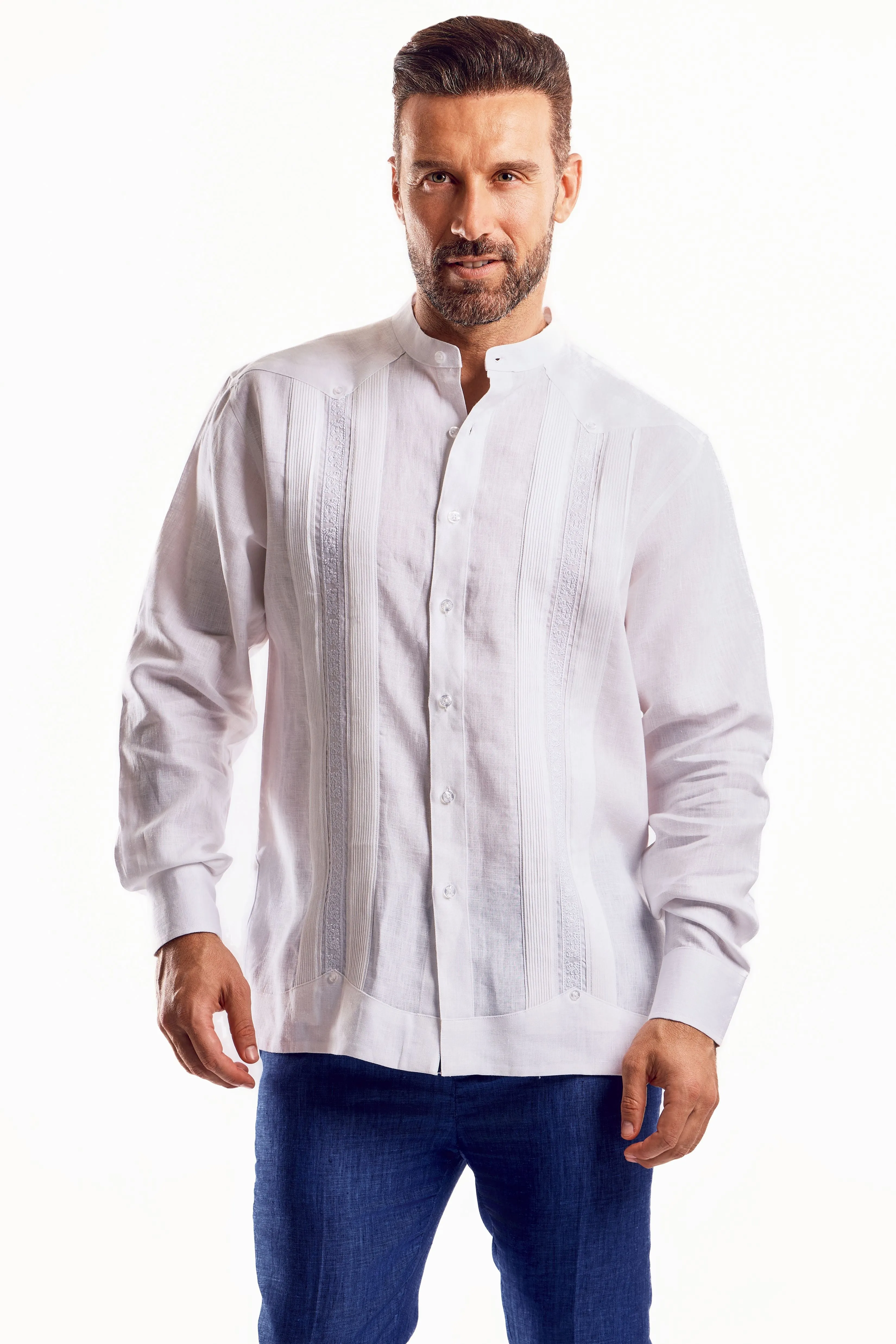 Mojito Men's 100% Linen Mandarin Collar Guayabera Chacabana Shirt Long Sleeve with Embroidery Trim Accent