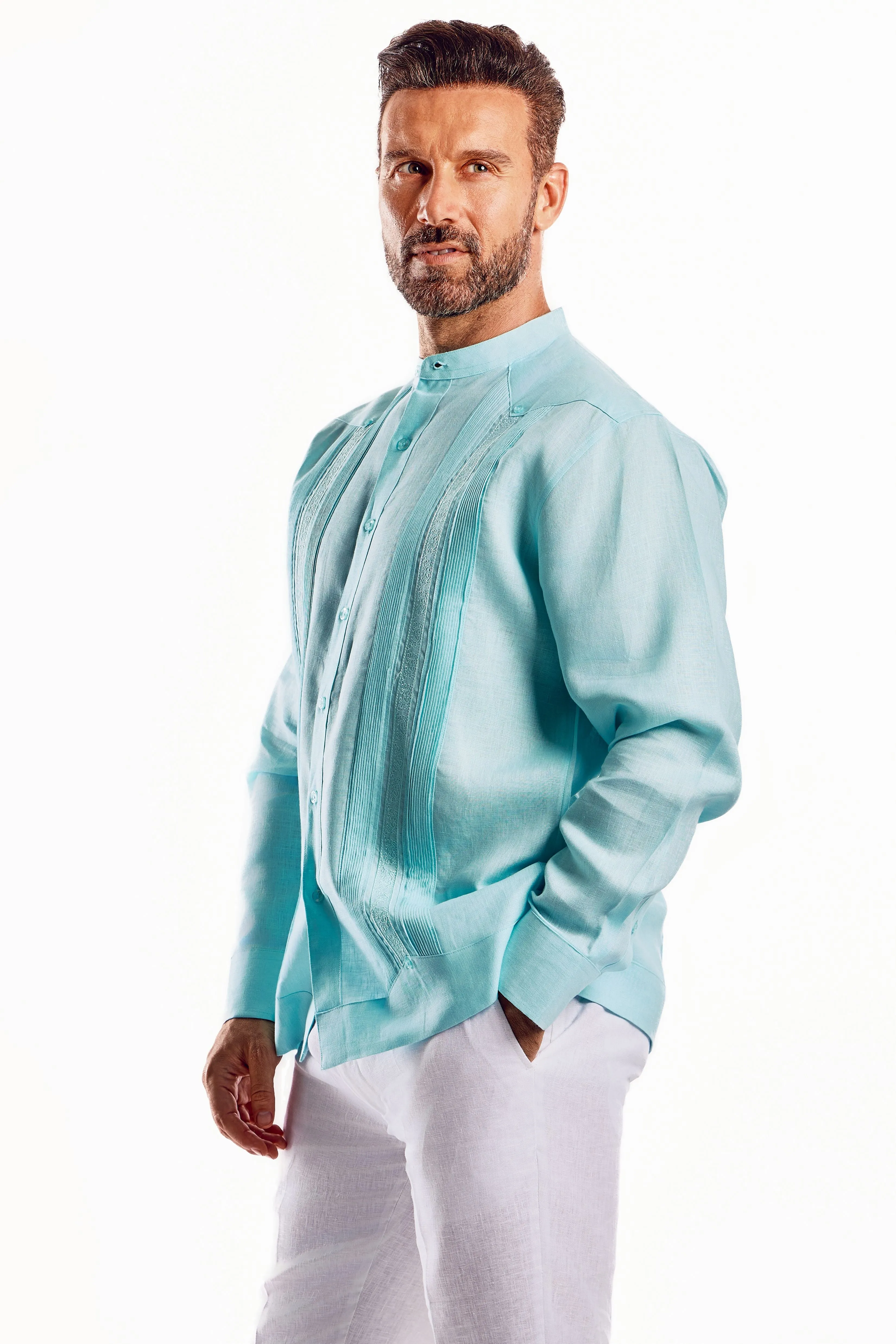 Mojito Men's 100% Linen Mandarin Collar Guayabera Chacabana Shirt Long Sleeve with Embroidery Trim Accent