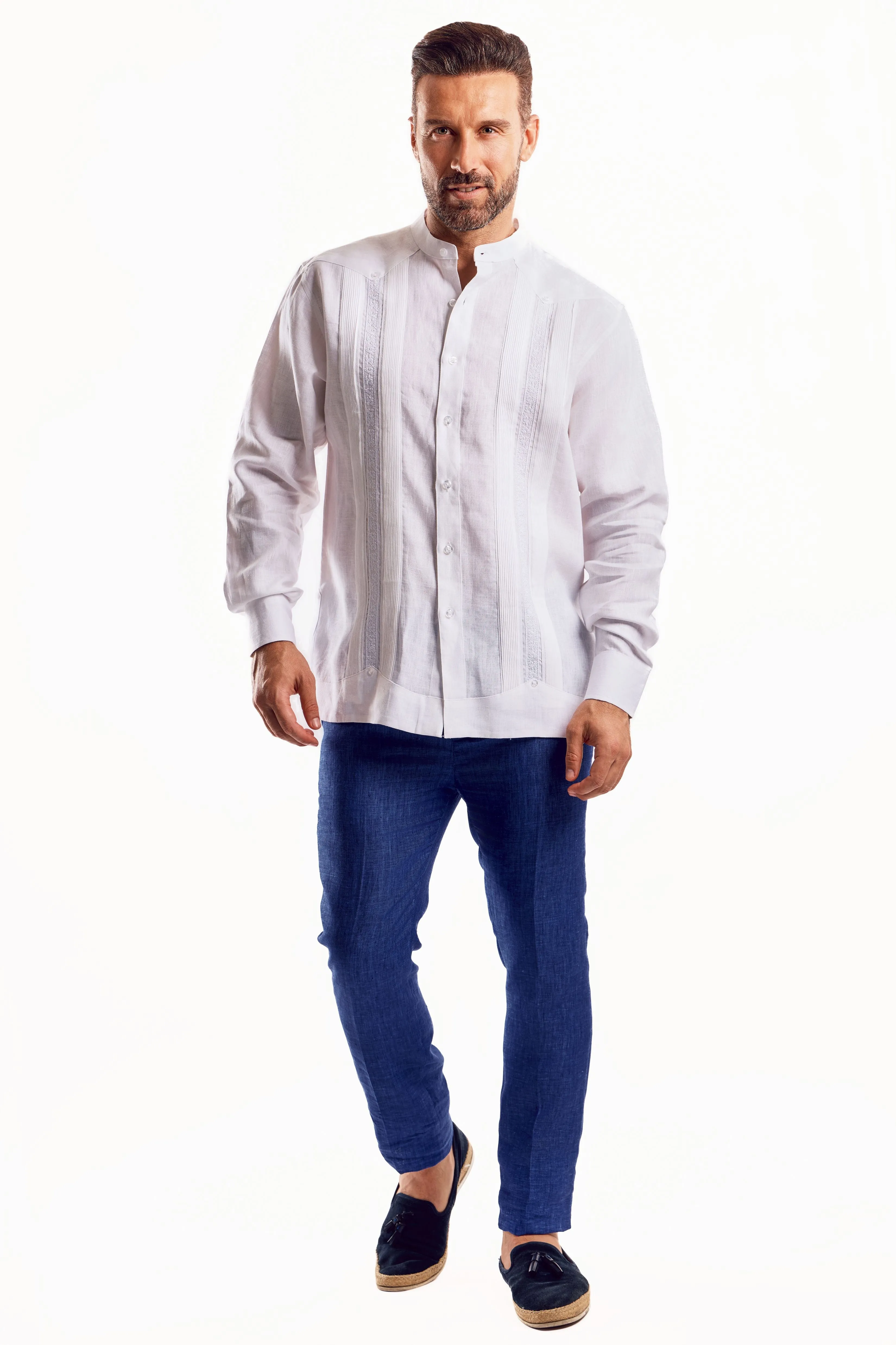 Mojito Men's 100% Linen Mandarin Collar Guayabera Chacabana Shirt Long Sleeve with Embroidery Trim Accent