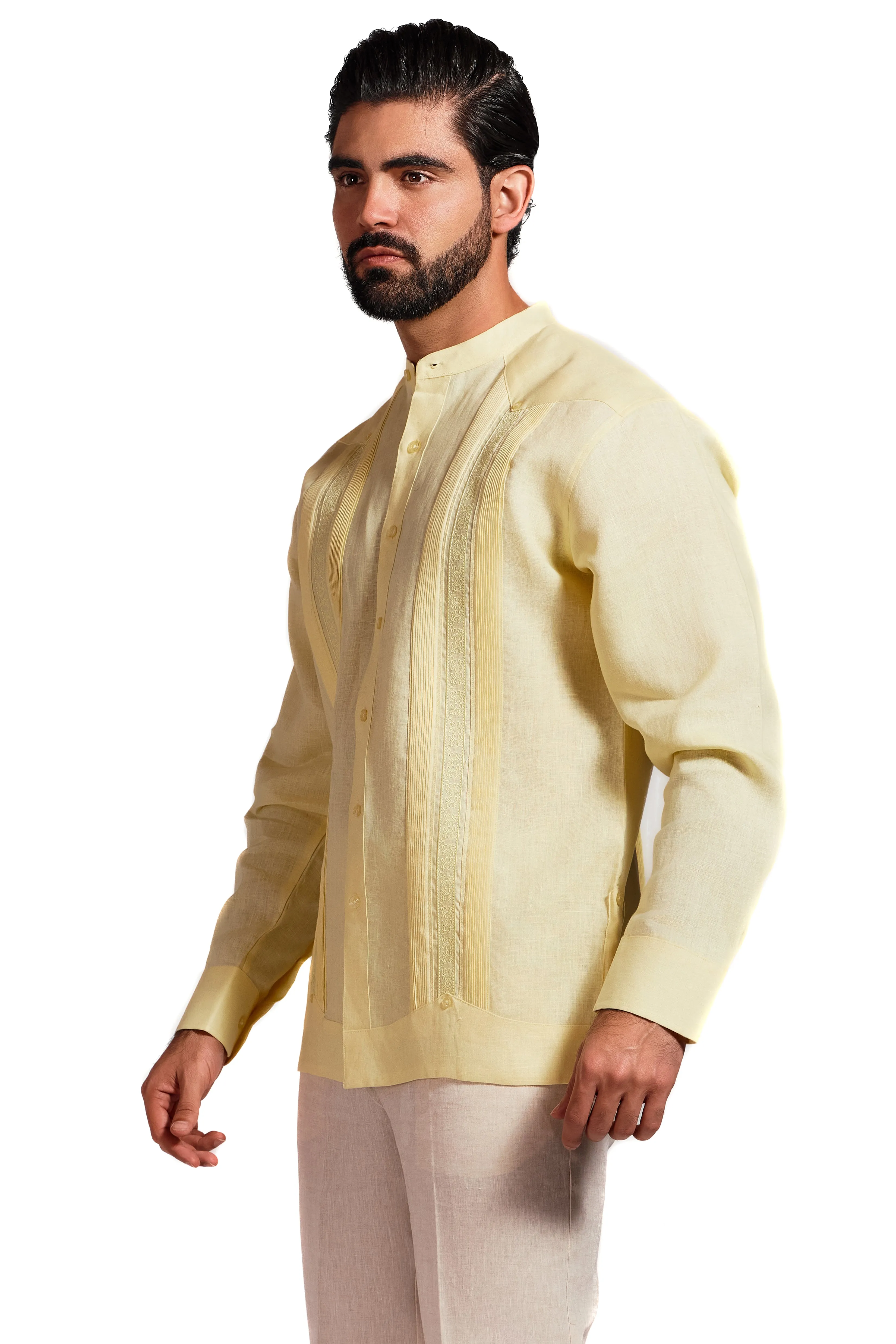 Mojito Men's 100% Linen Mandarin Collar Guayabera Chacabana Shirt Long Sleeve with Embroidery Trim Accent