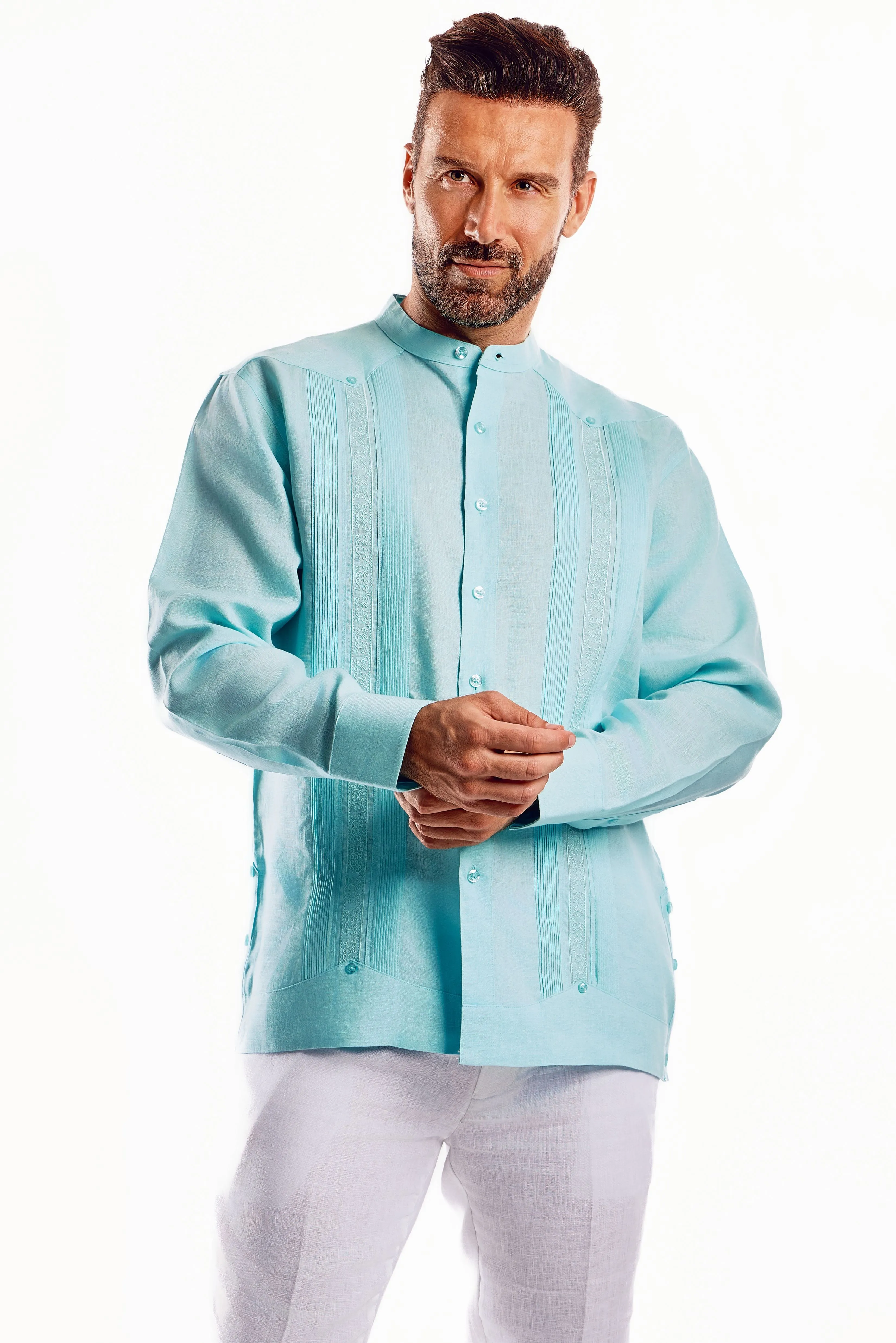 Mojito Men's 100% Linen Mandarin Collar Guayabera Chacabana Shirt Long Sleeve with Embroidery Trim Accent