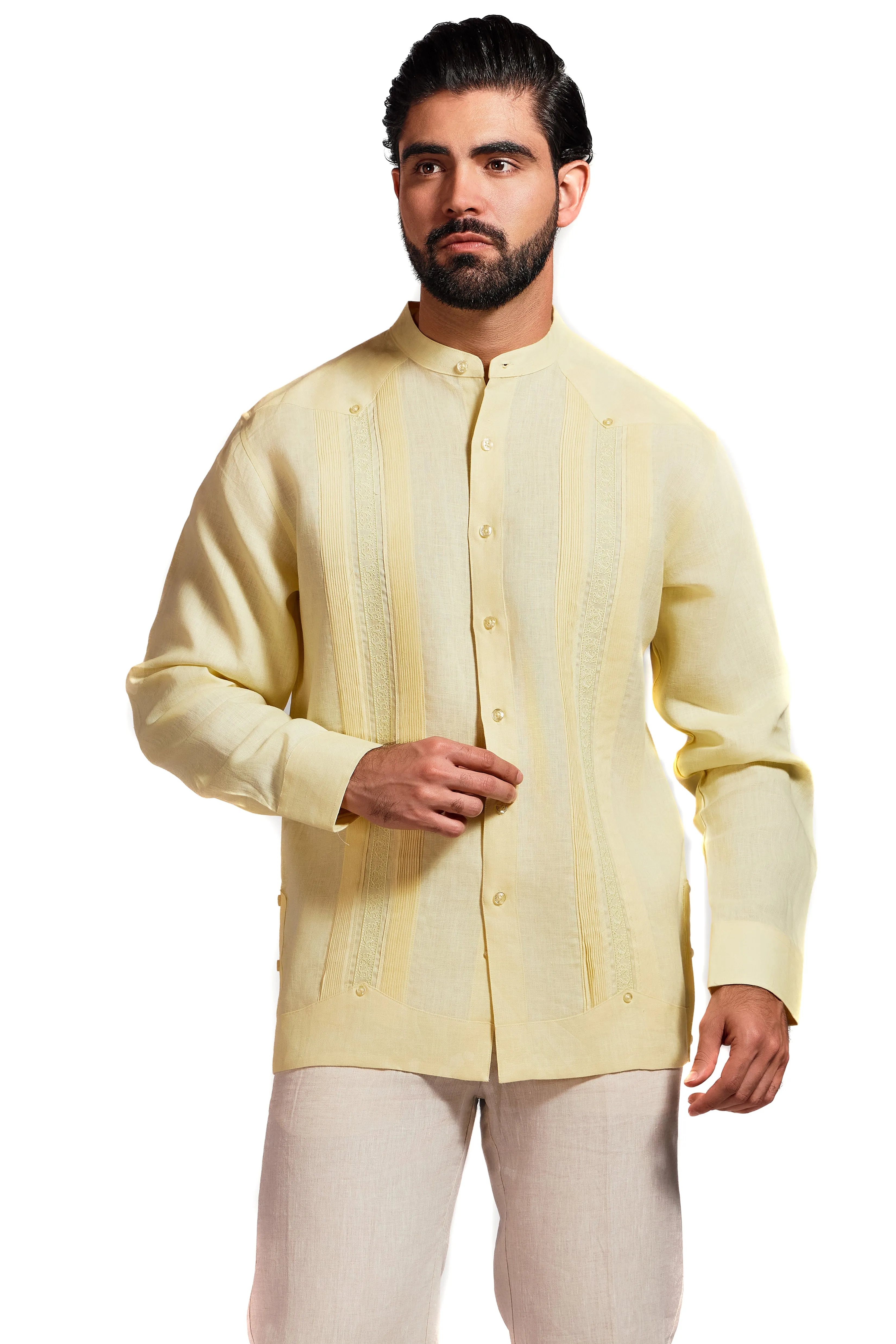 Mojito Men's 100% Linen Mandarin Collar Guayabera Chacabana Shirt Long Sleeve with Embroidery Trim Accent