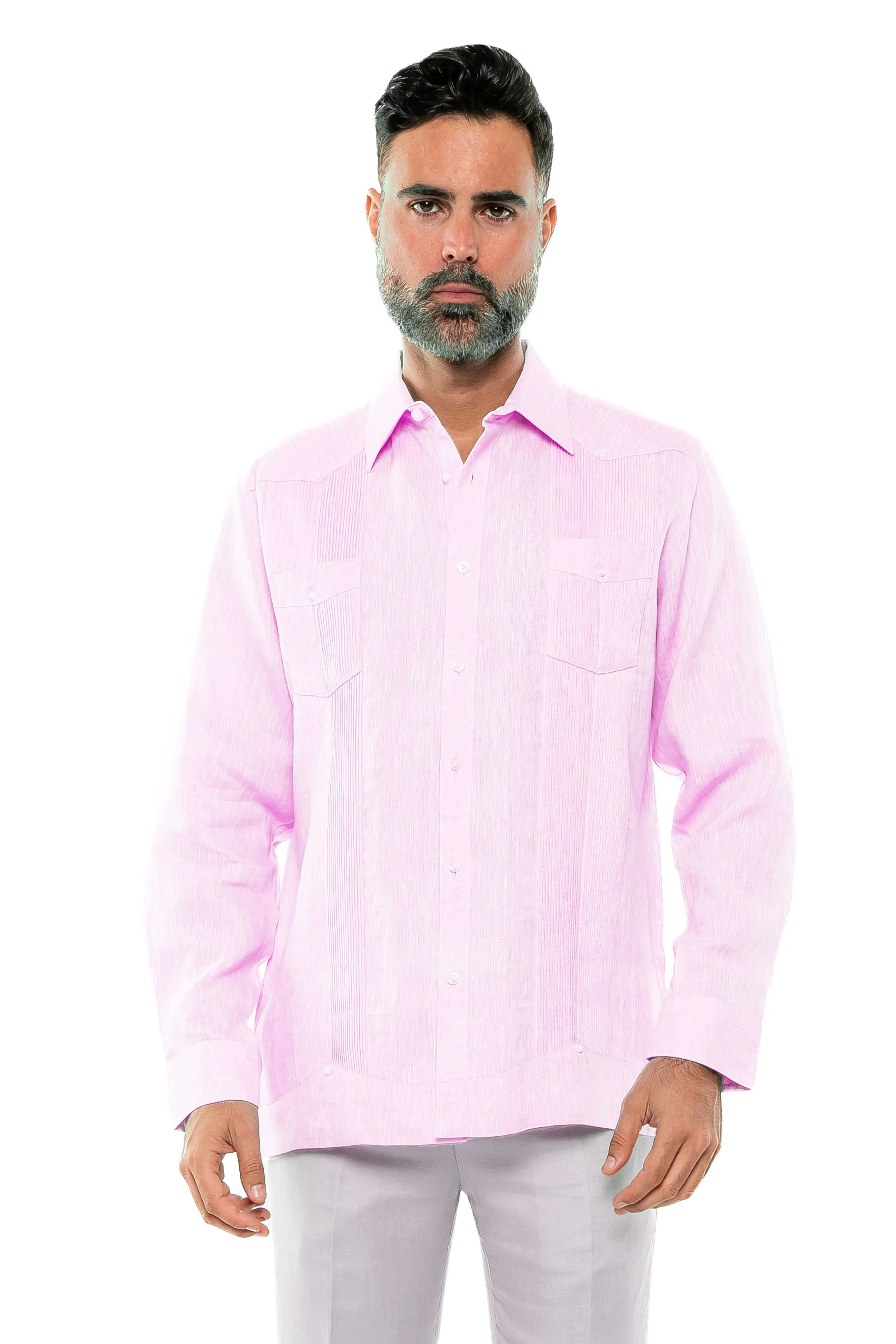 Mojito Men's Yarn Dye 100% Linen Guayabera Shirt Long Sleeve 2 Pocket Design