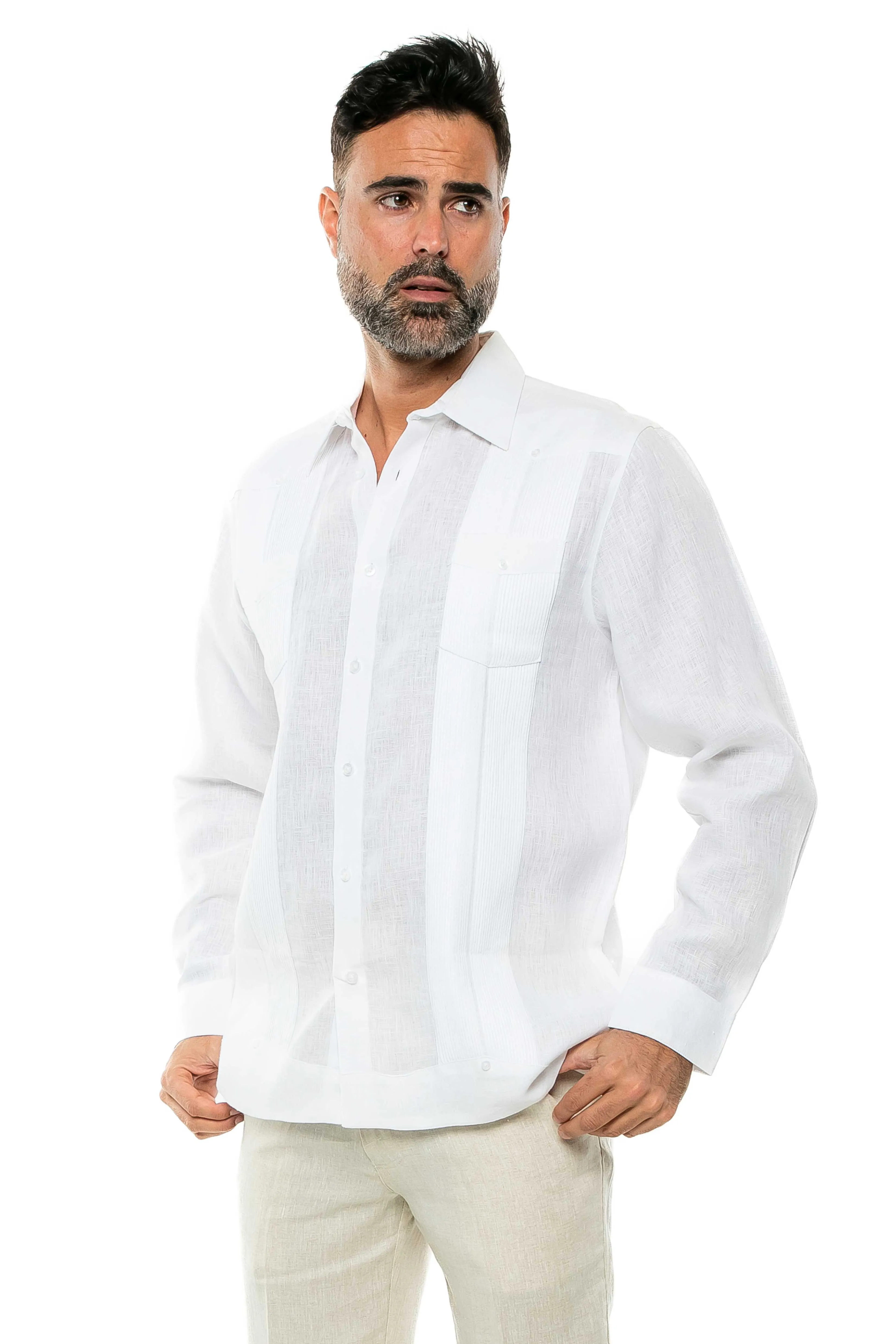 Mojito Men's Yarn Dye 100% Linen Guayabera Shirt Long Sleeve 2 Pocket Design