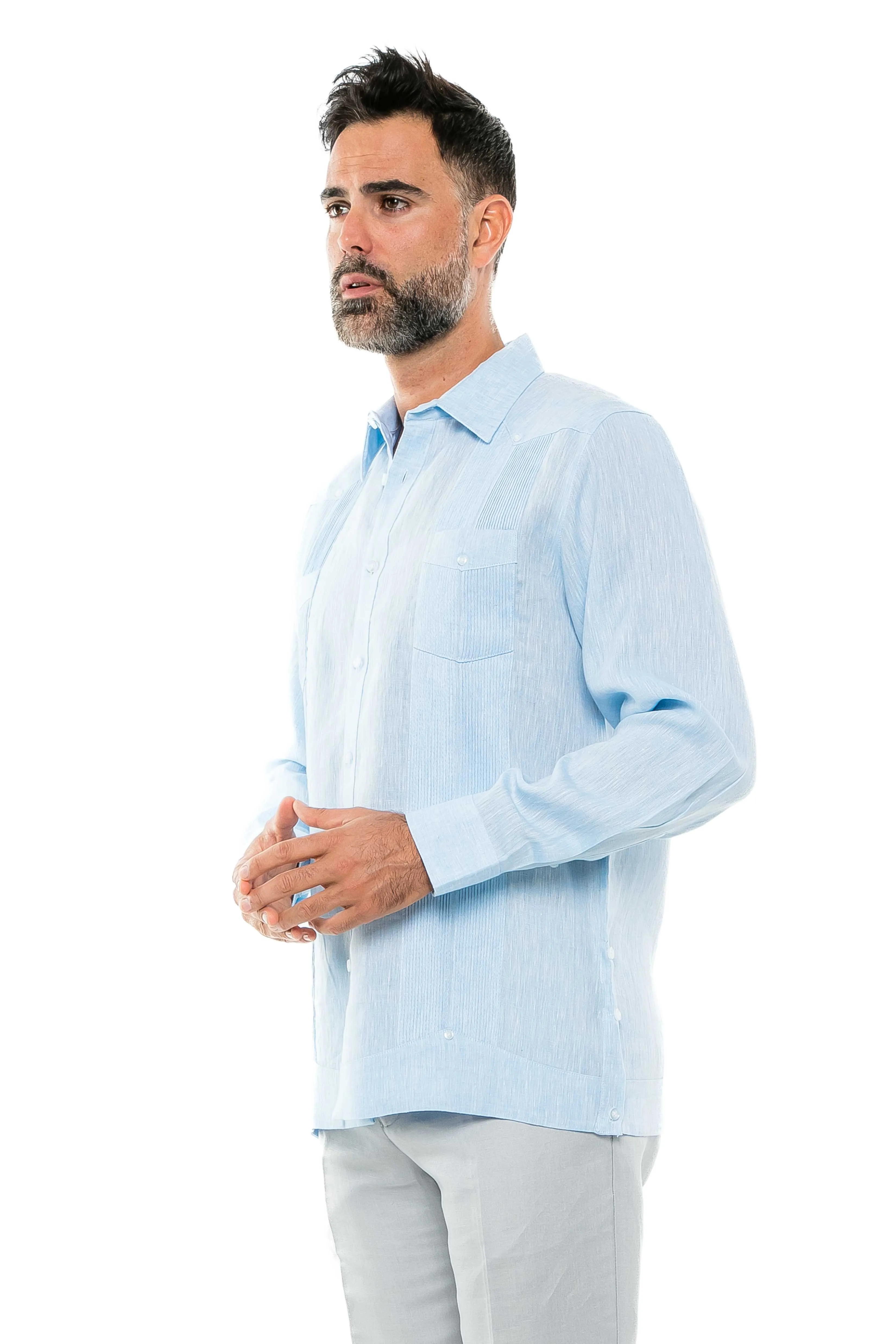 Mojito Men's Yarn Dye 100% Linen Guayabera Shirt Long Sleeve 2 Pocket Design