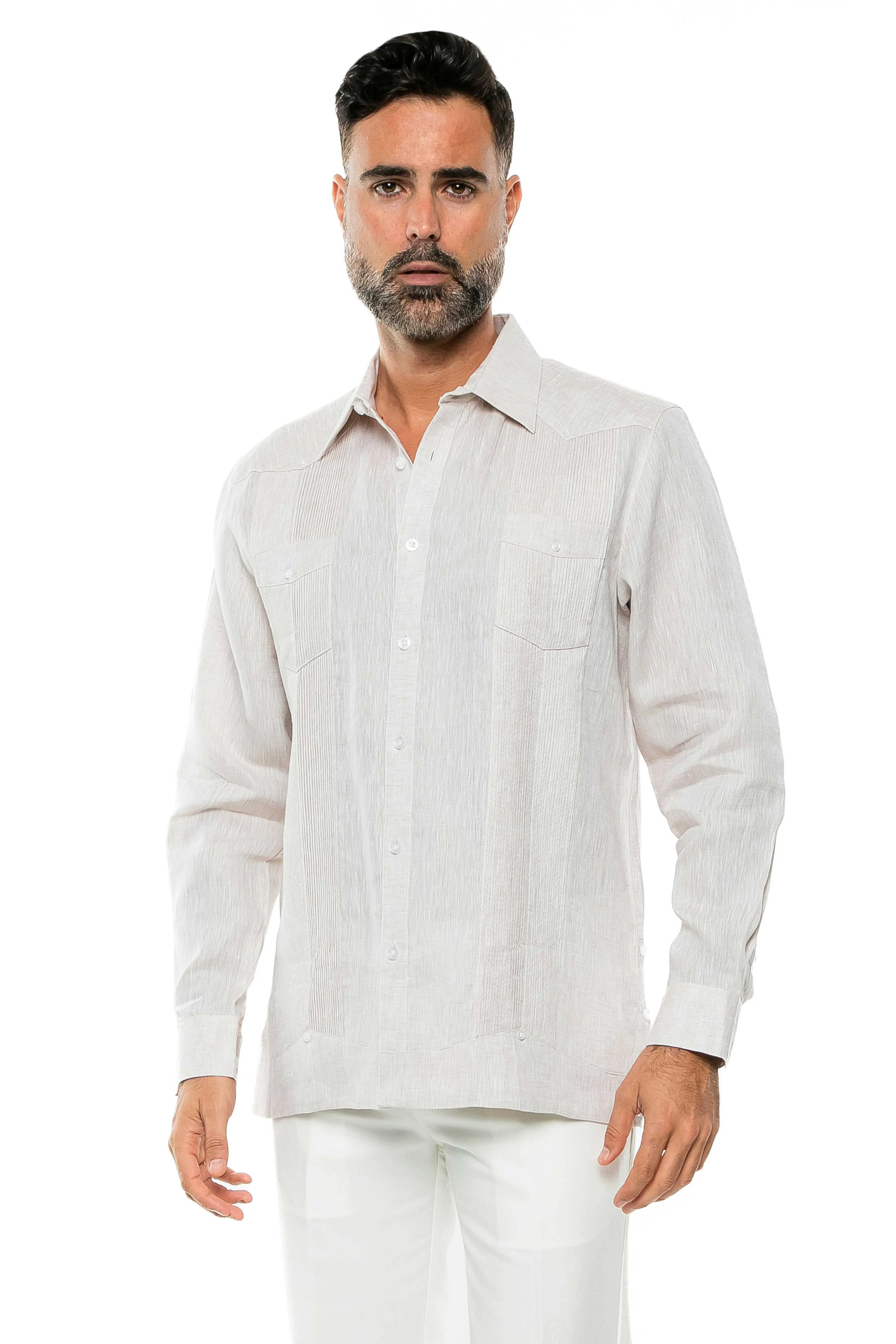 Mojito Men's Yarn Dye 100% Linen Guayabera Shirt Long Sleeve 2 Pocket Design