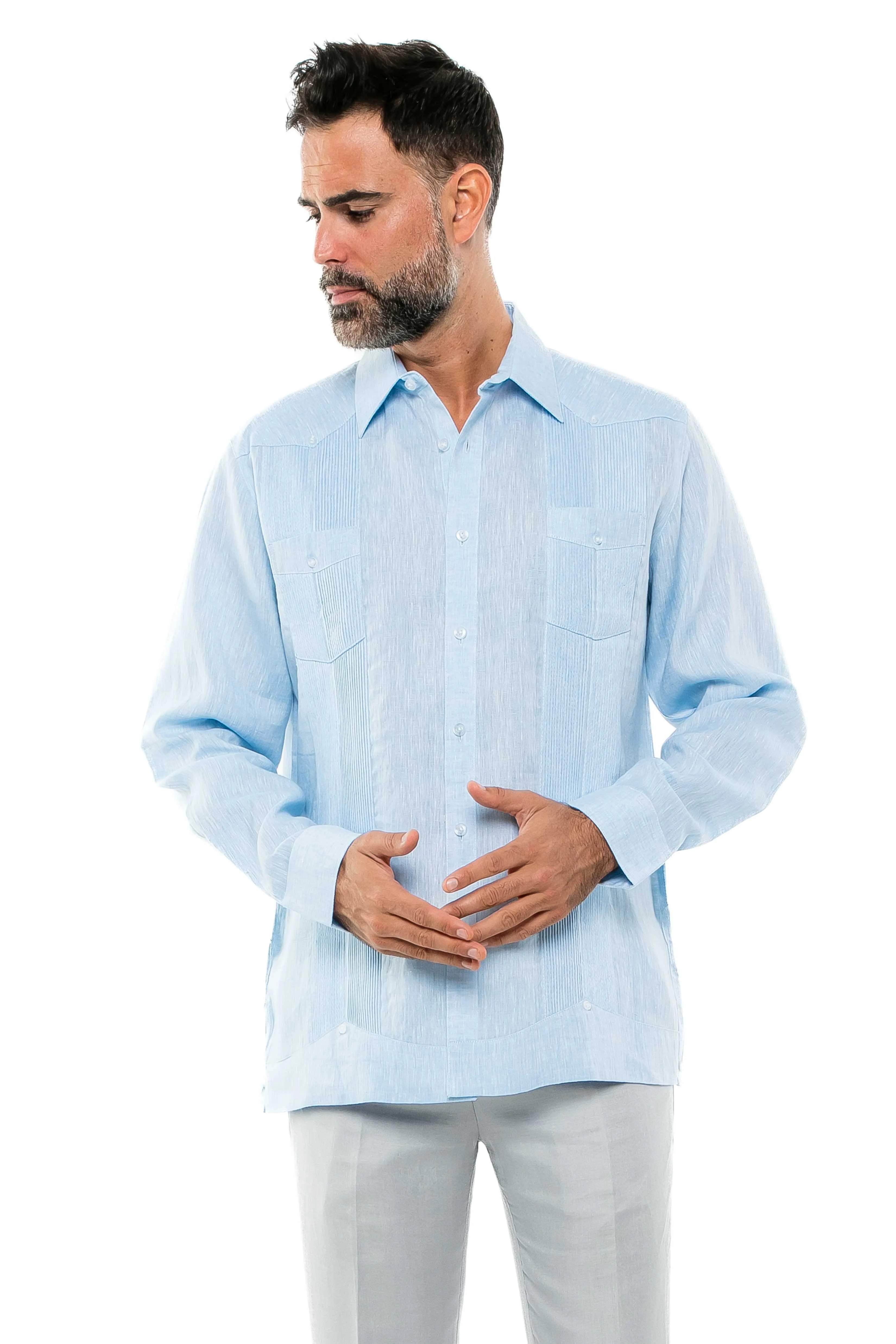 Mojito Men's Yarn Dye 100% Linen Guayabera Shirt Long Sleeve 2 Pocket Design