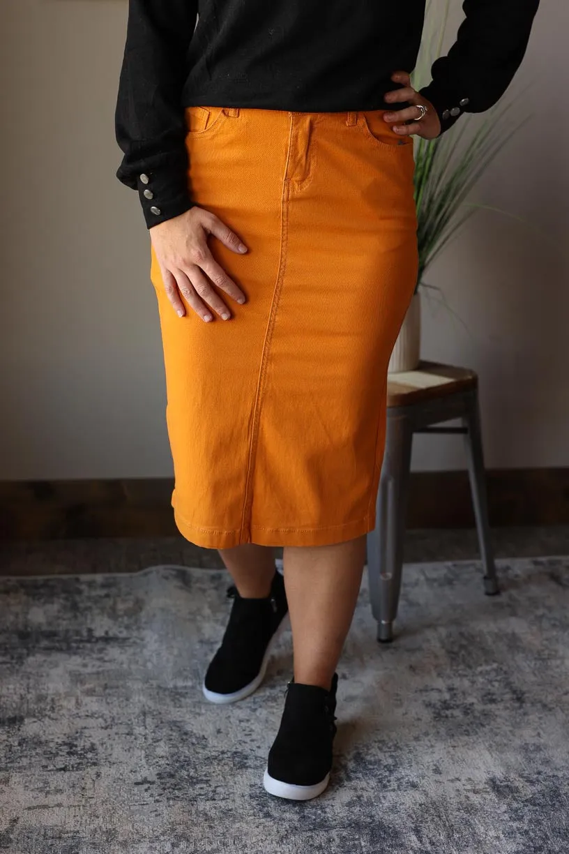 Mustard Stretch Midi Denim Skirt