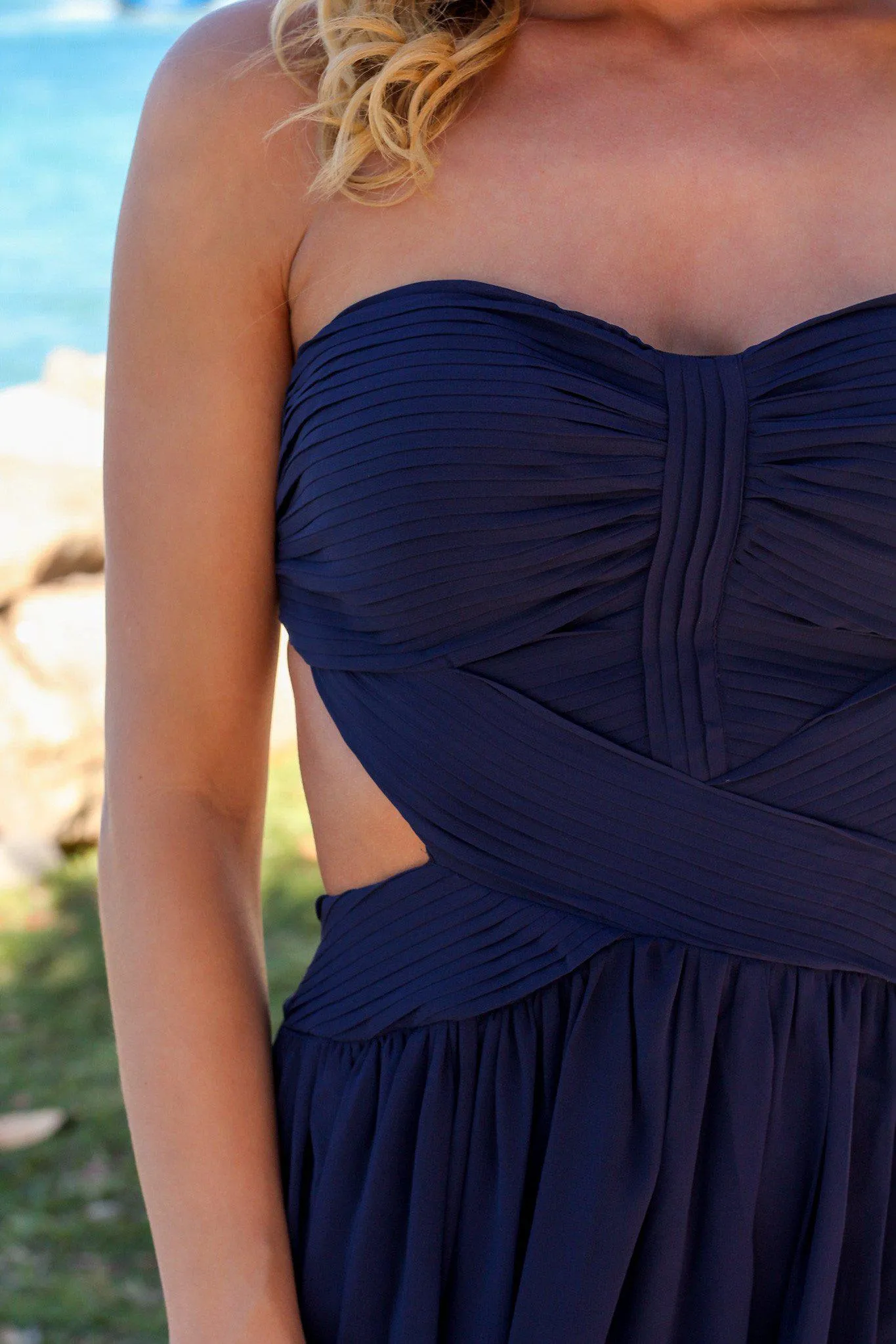 Navy Pleated Strapless Maxi Dress with Side Slit