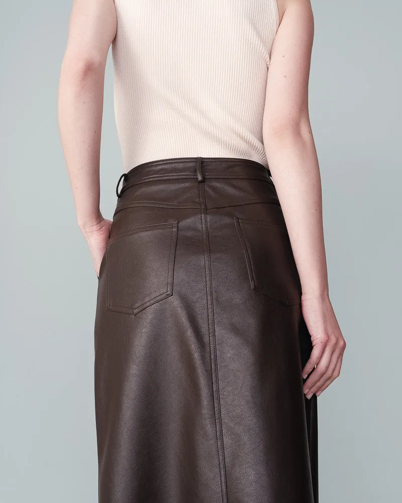 Nory  Faux Leather Midi Skirt Chocolate