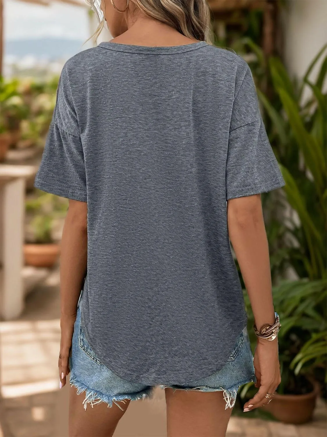 Notched Dropped Shoulder Half Sleeve T-Shirt